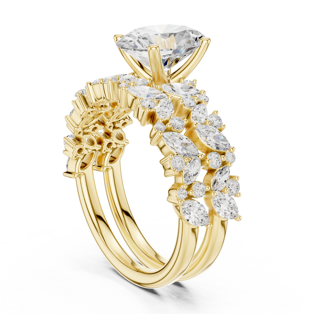 Oval Cut Solitaire Engagement Ring with Floral Diamond Ring Enhancer