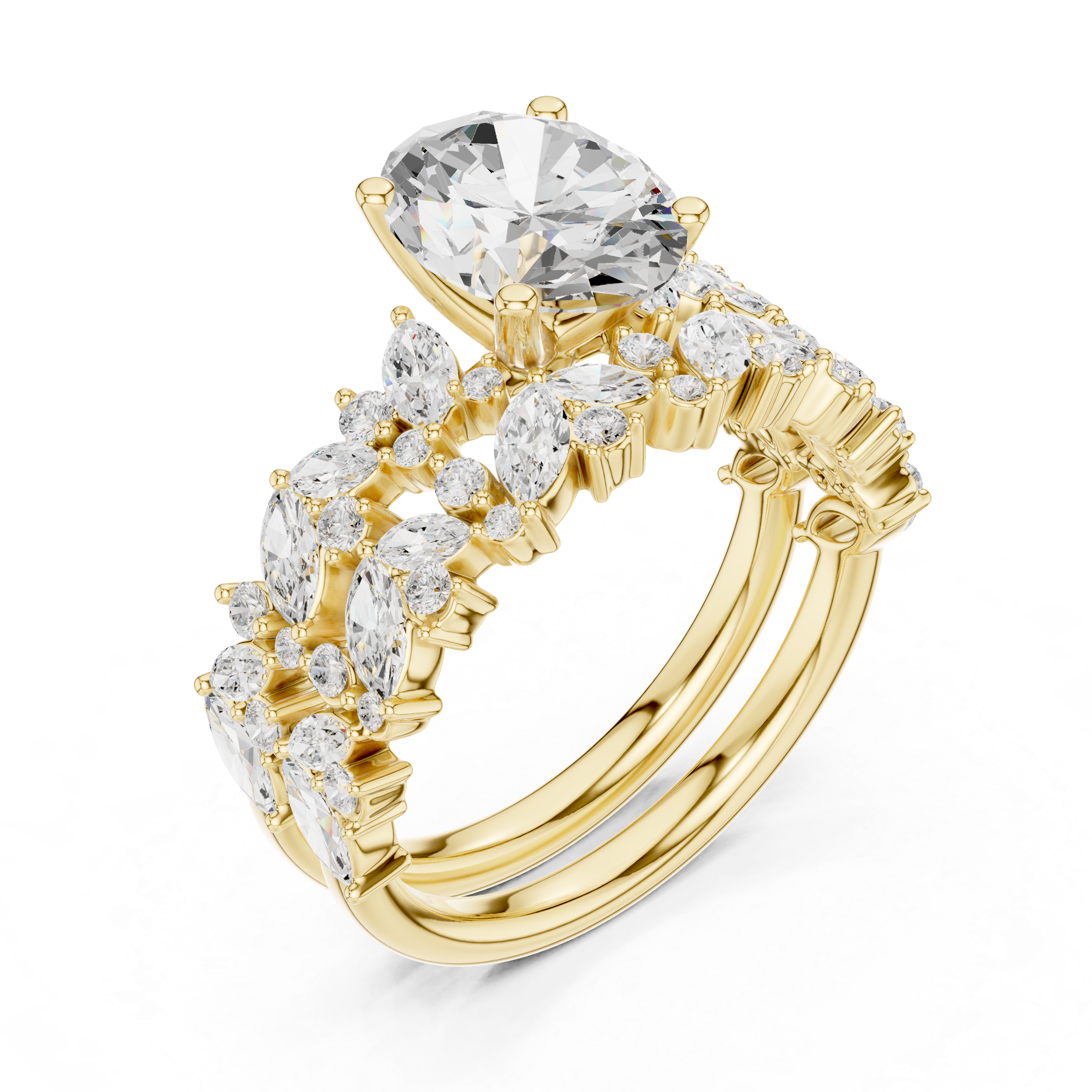 Oval Cut Solitaire Engagement Ring with Floral Diamond Ring Enhancer