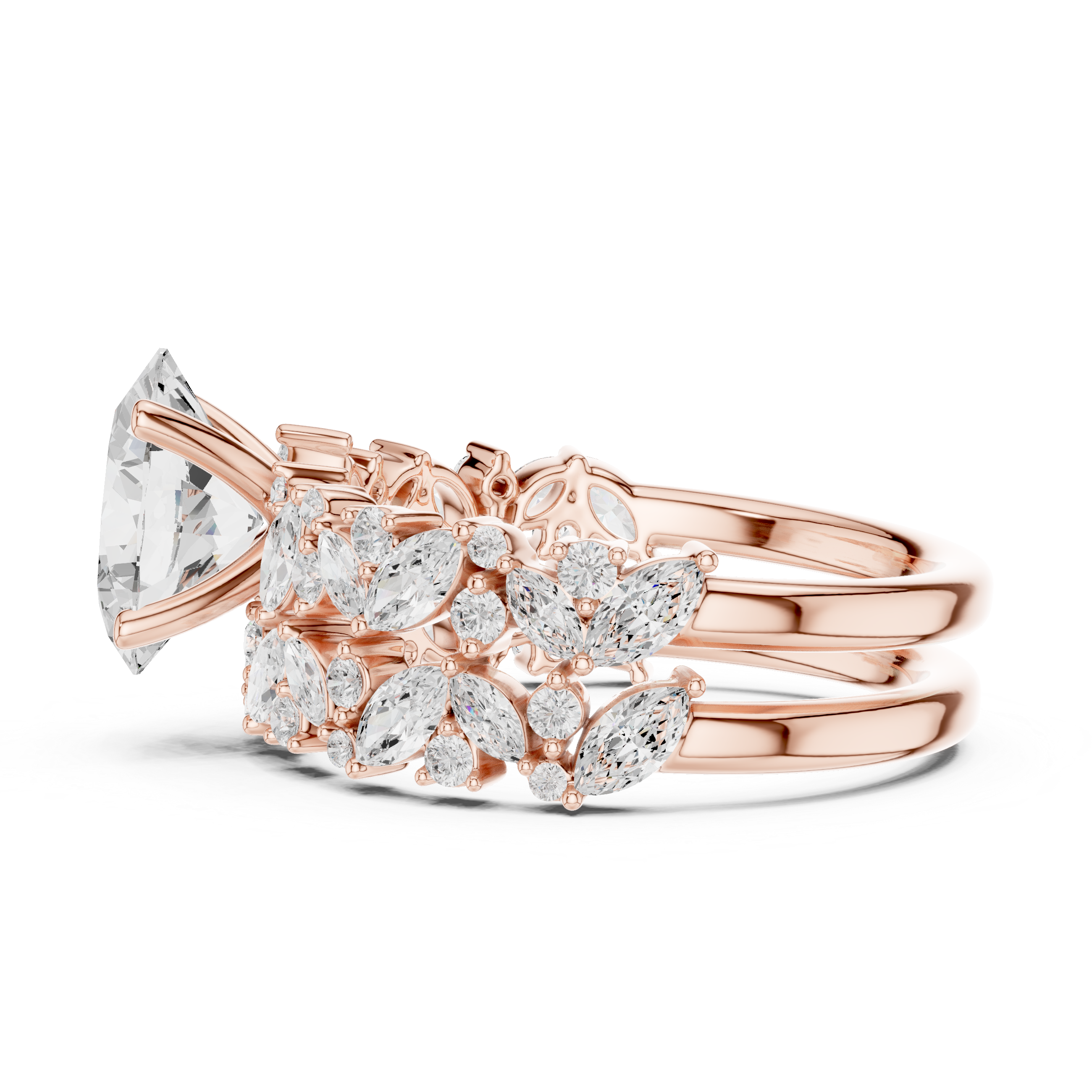 Oval Cut Solitaire Engagement Ring with Floral Diamond Ring Enhancer