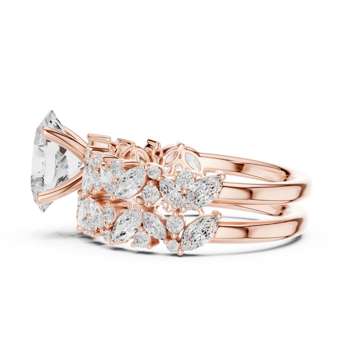 Oval Cut Solitaire Engagement Ring with Floral Diamond Ring Enhancer