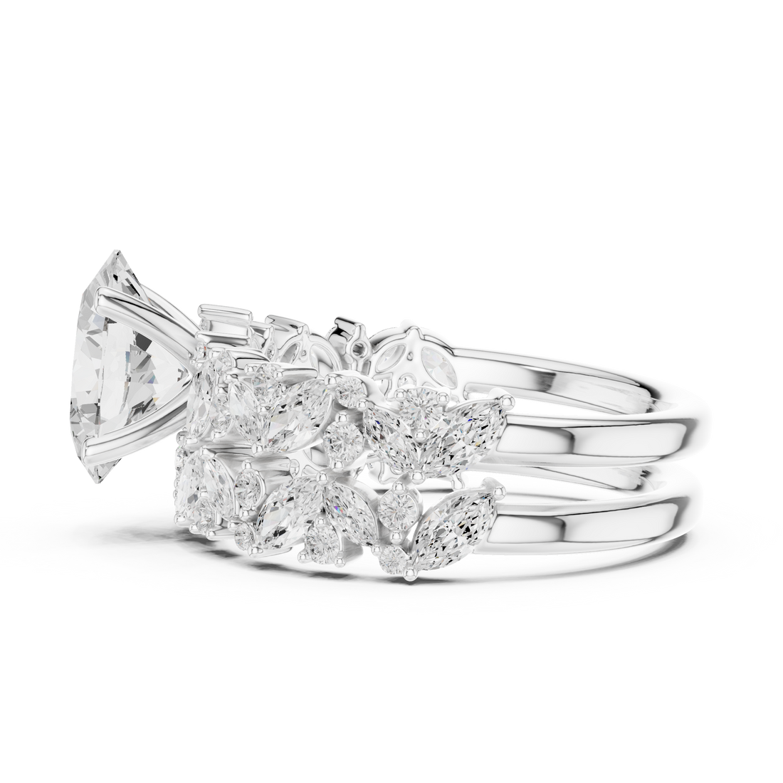Oval Cut Solitaire Engagement Ring with Floral Diamond Ring Enhancer