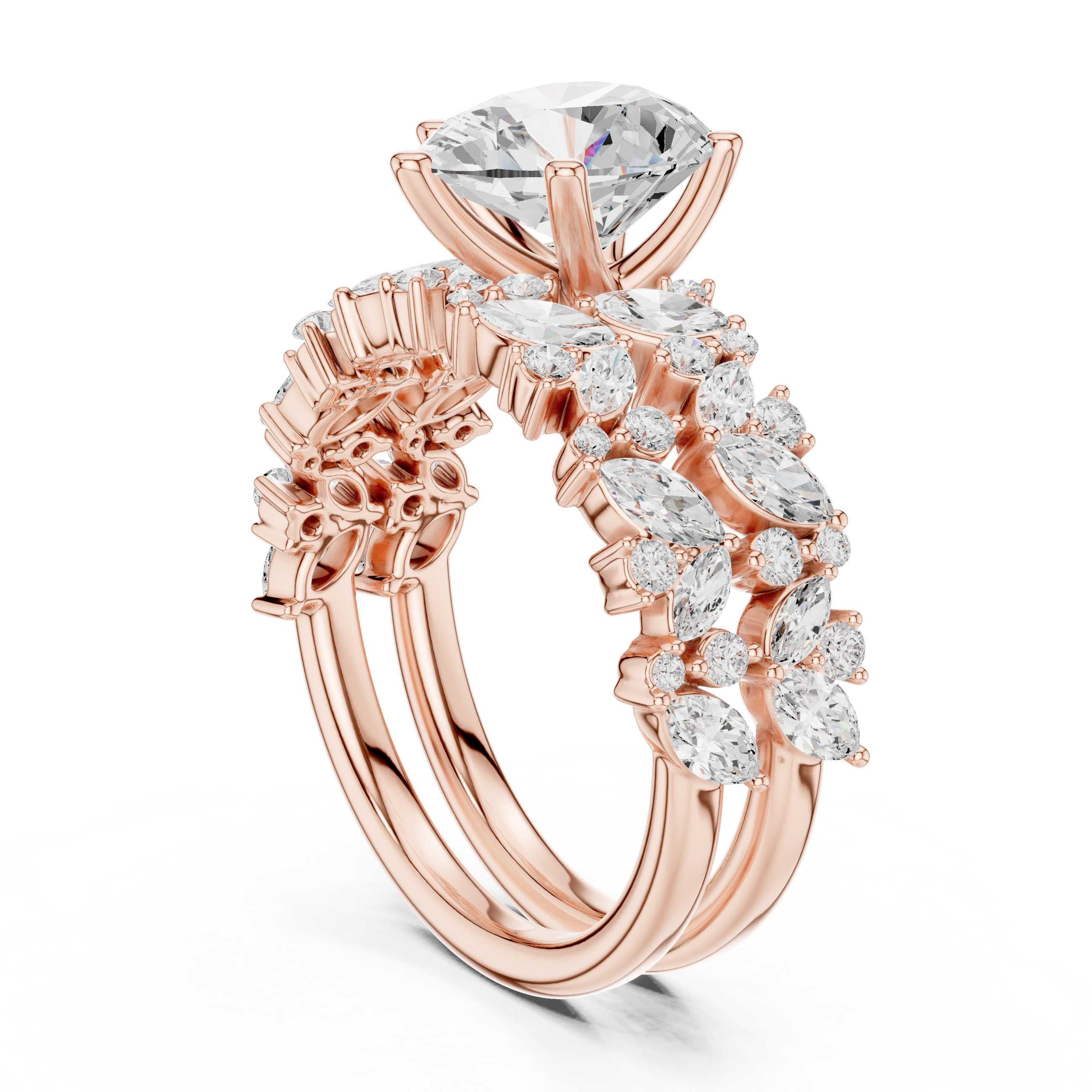 Pear Cut Solitaire Engagement Ring with Floral Diamond Ring Enhancer