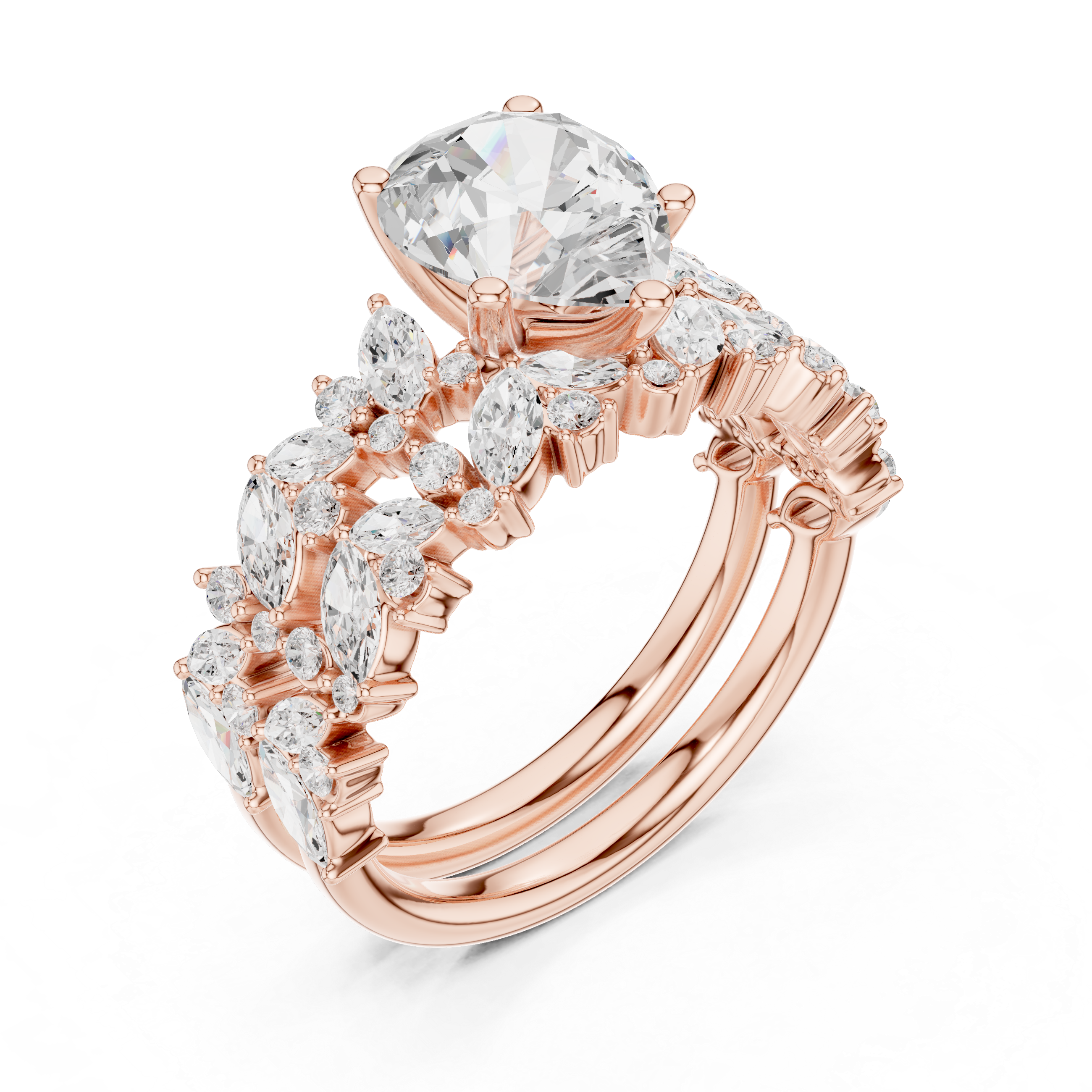 Pear Cut Solitaire Engagement Ring with Floral Diamond Ring Enhancer