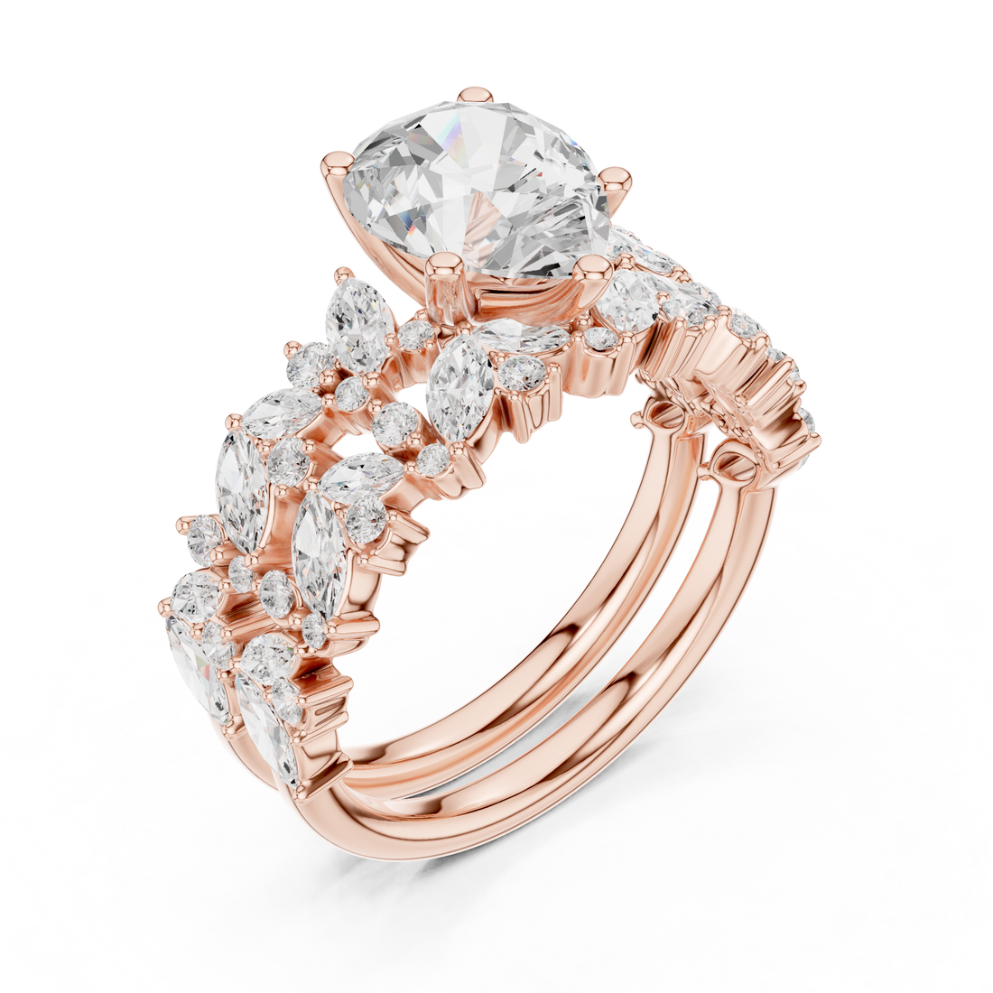 Pear Cut Solitaire Engagement Ring with Floral Diamond Ring Enhancer