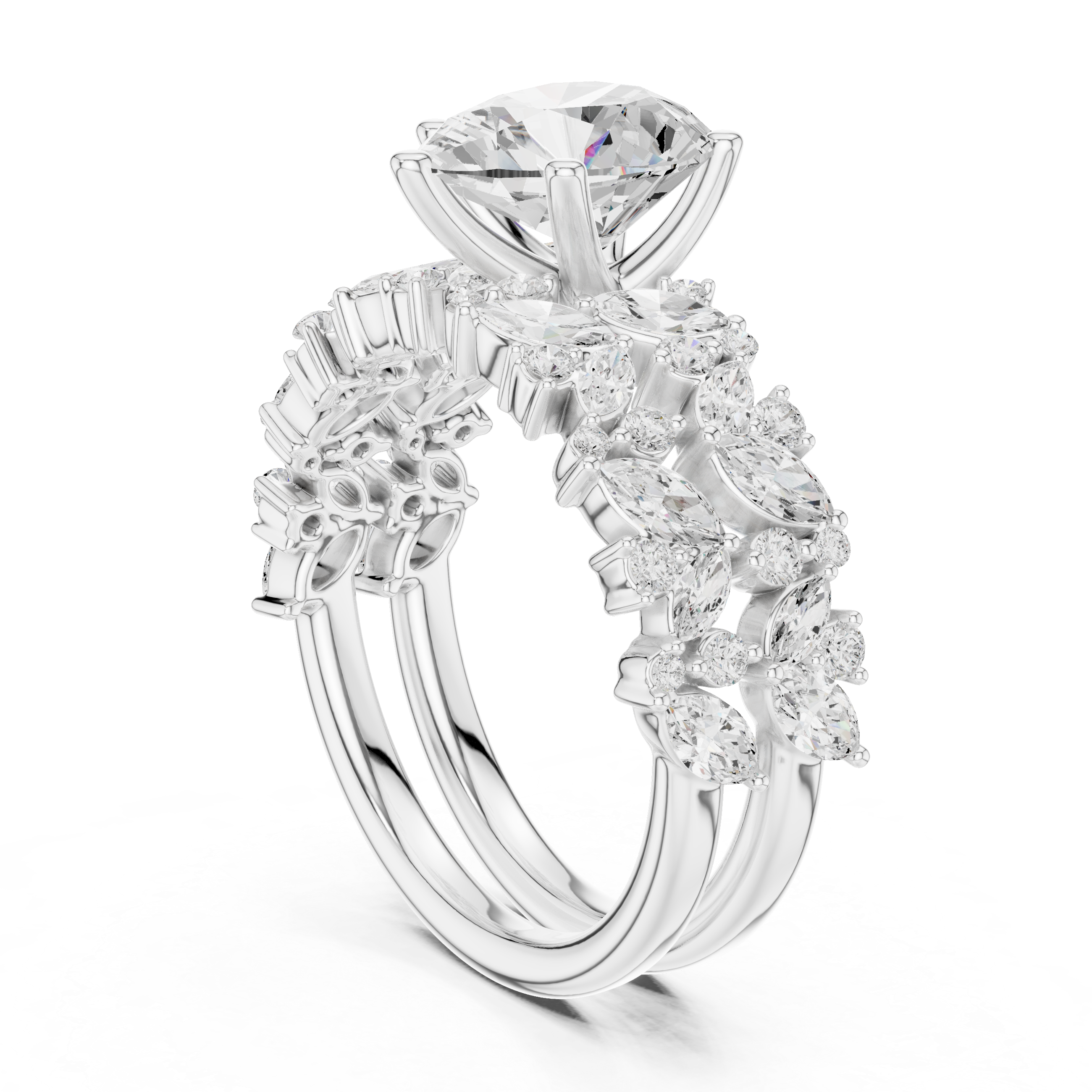 Pear Cut Solitaire Engagement Ring with Floral Diamond Ring Enhancer