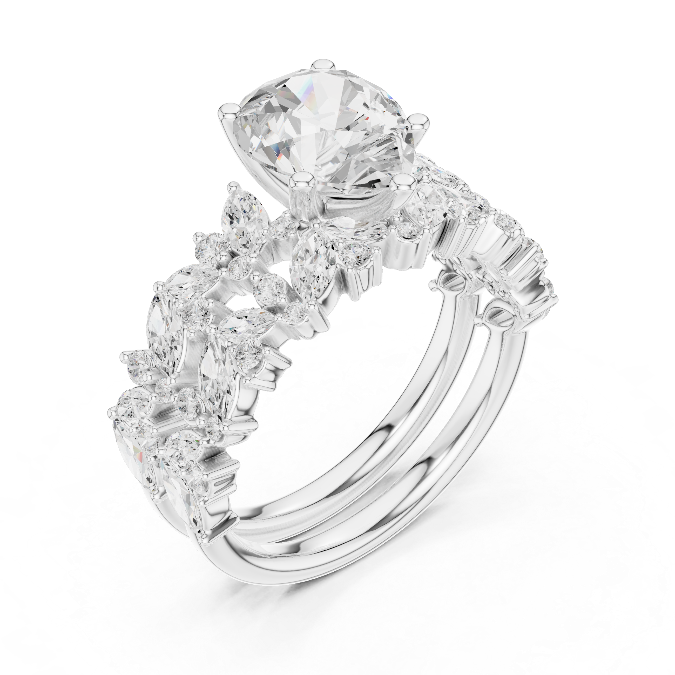 Pear Cut Solitaire Engagement Ring with Floral Diamond Ring Enhancer
