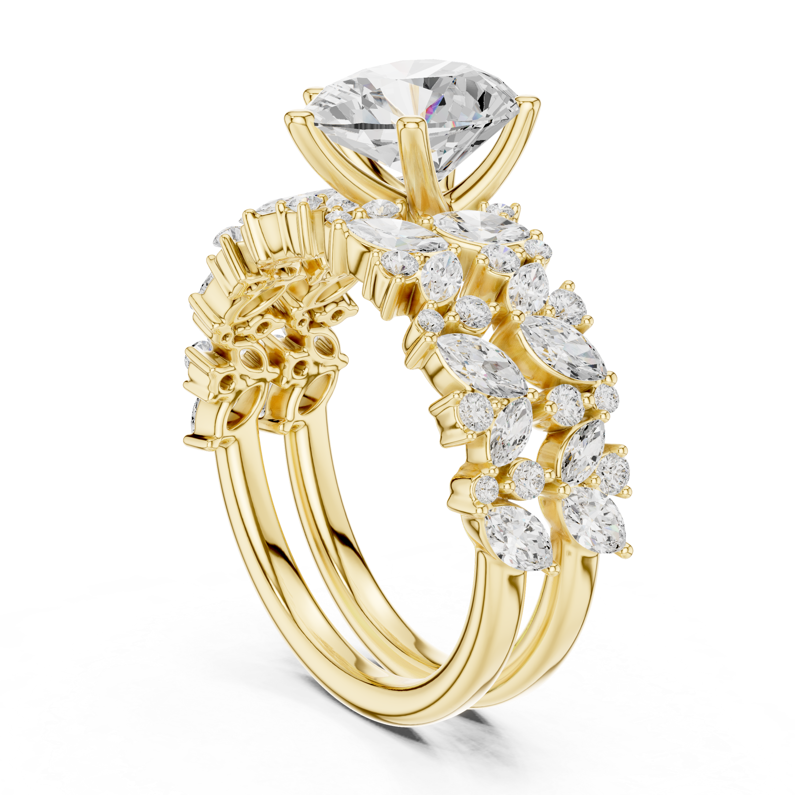 Pear Cut Solitaire Engagement Ring with Floral Diamond Ring Enhancer