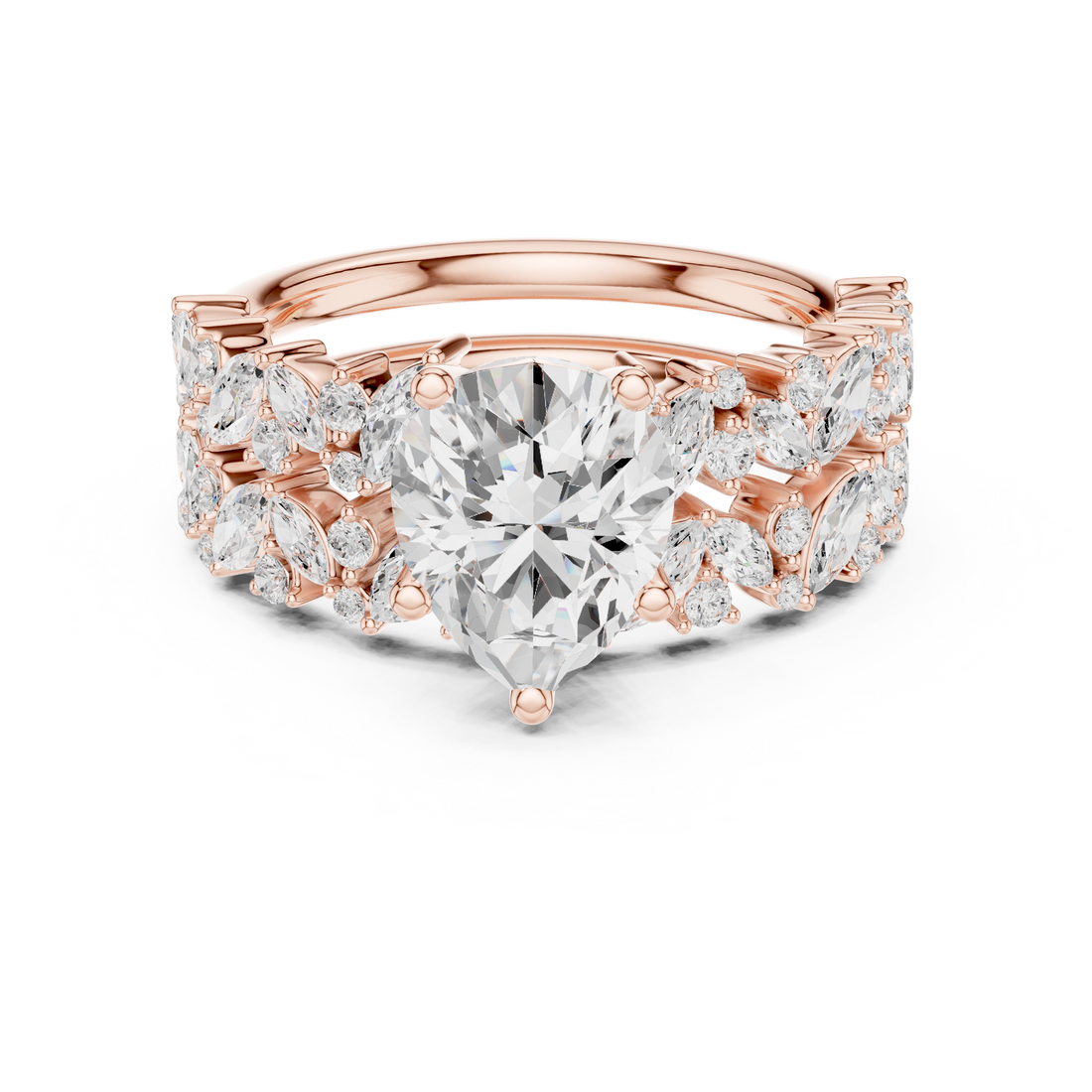 Pear Cut Solitaire Engagement Ring with Floral Diamond Ring Enhancer