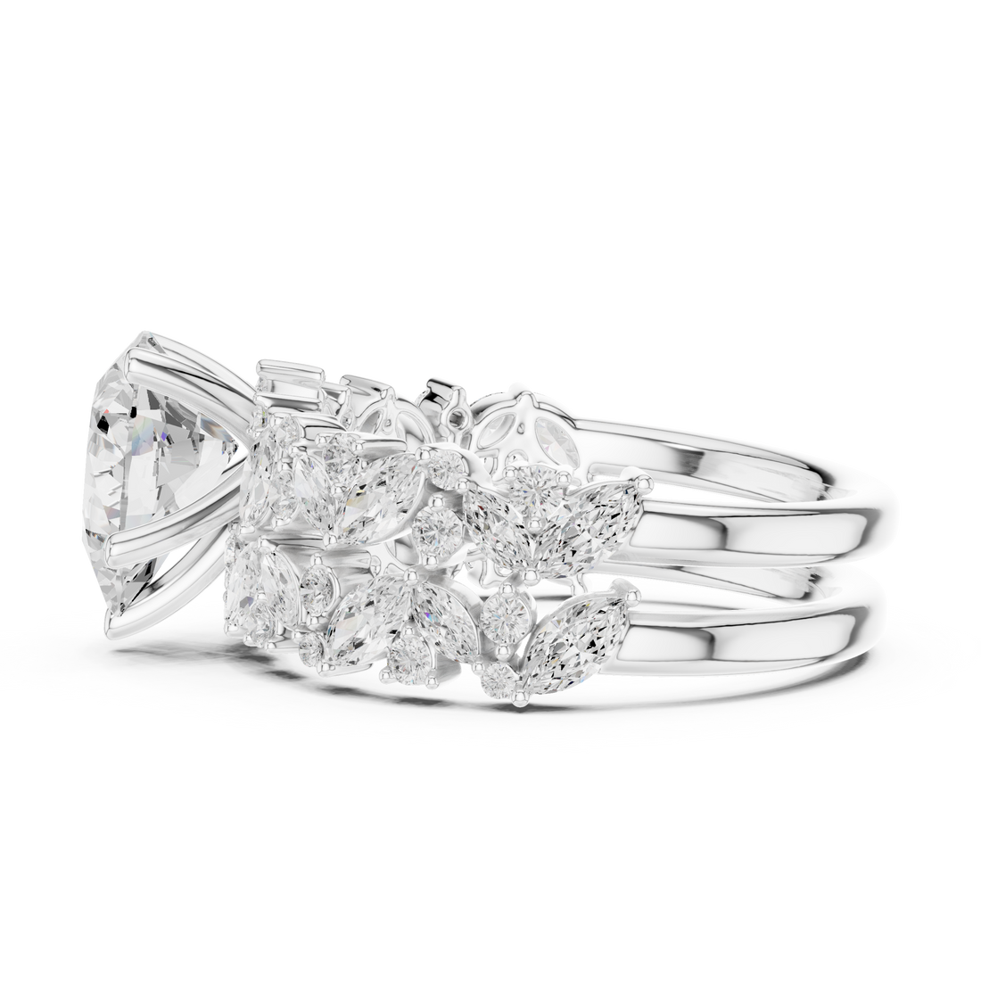 Pear Cut Solitaire Engagement Ring with Floral Diamond Ring Enhancer