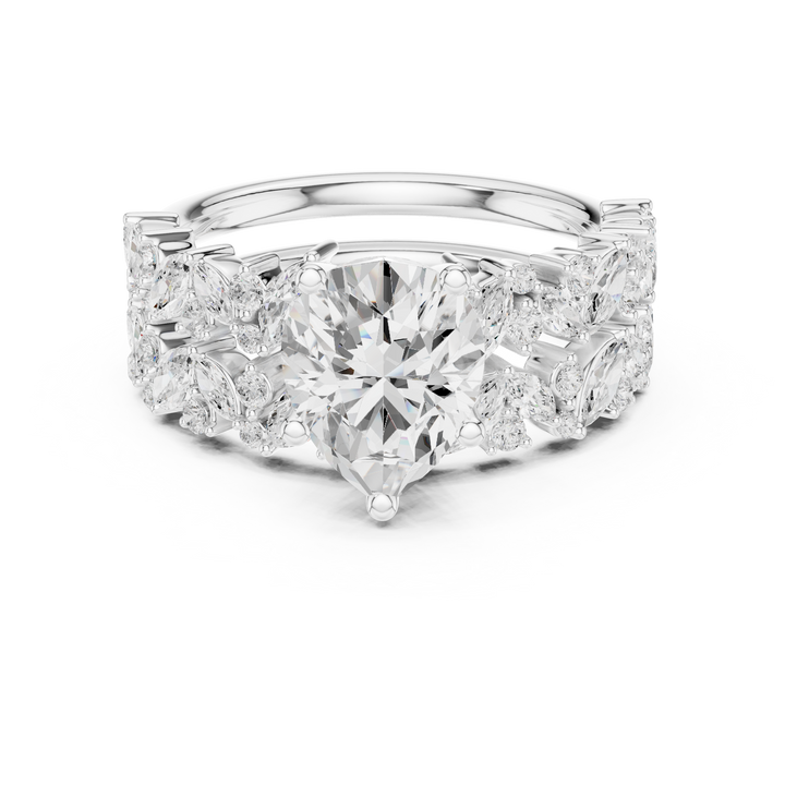 Pear Cut Solitaire Engagement Ring with Floral Diamond Ring Enhancer