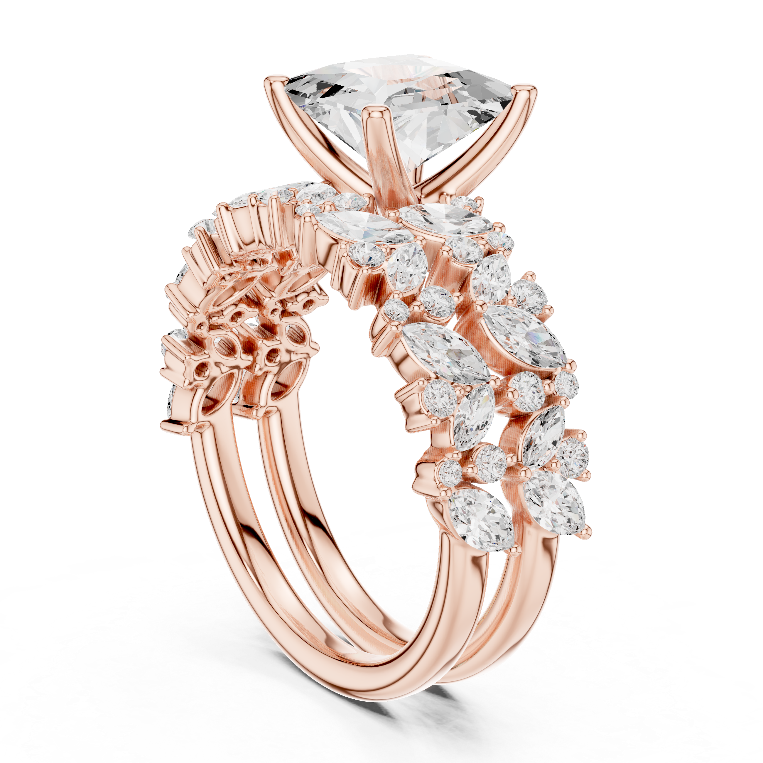 Princess Cut Solitaire Engagement Ring with Floral Diamond Ring Enhancer