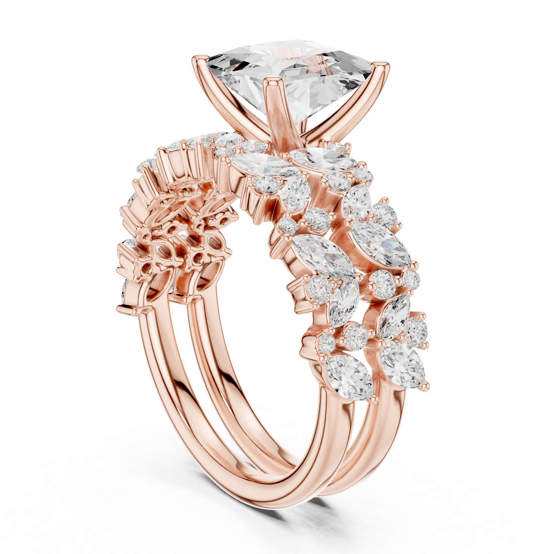 Princess Cut Solitaire Engagement Ring with Floral Diamond Ring Enhancer