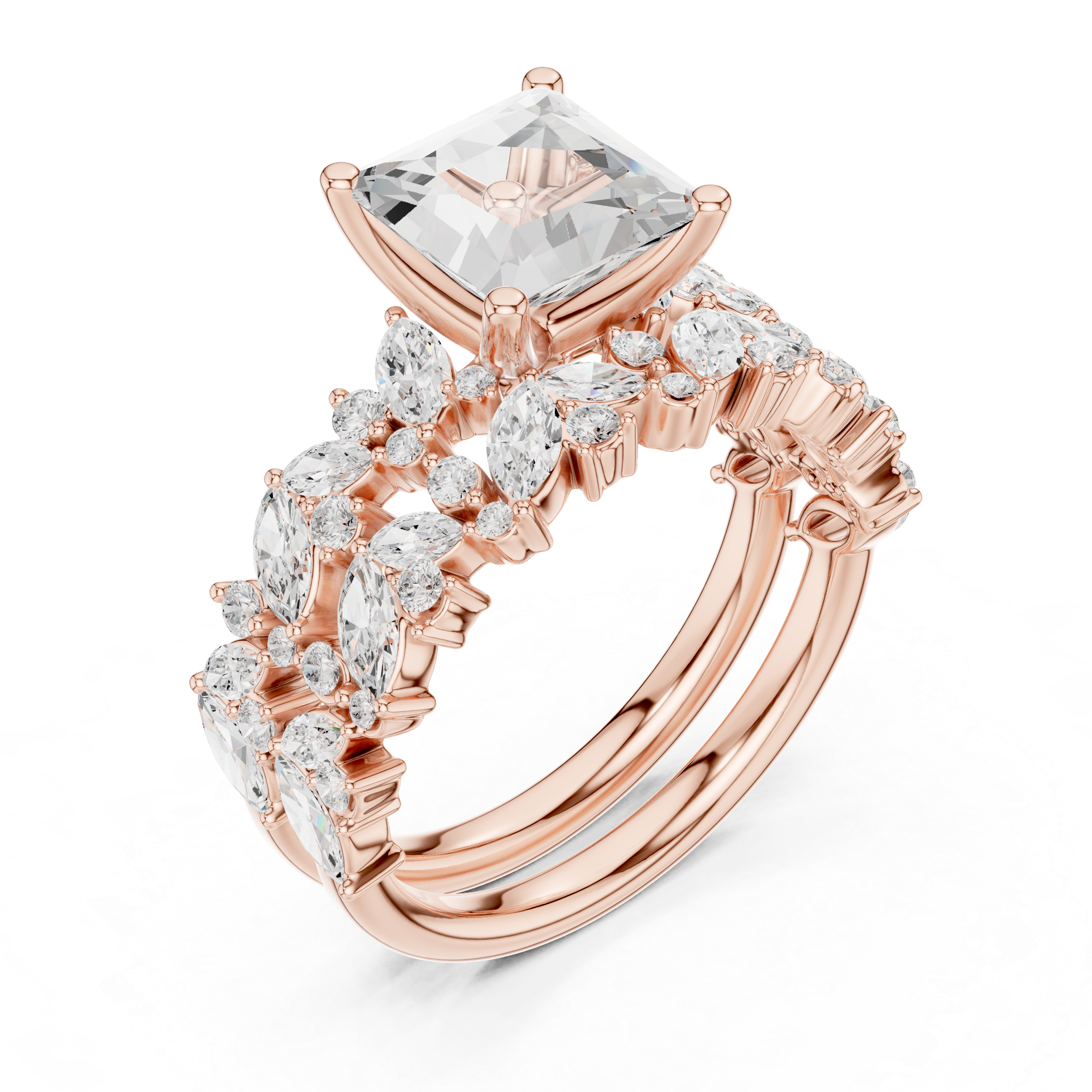 Princess Cut Solitaire Engagement Ring with Floral Diamond Ring Enhancer