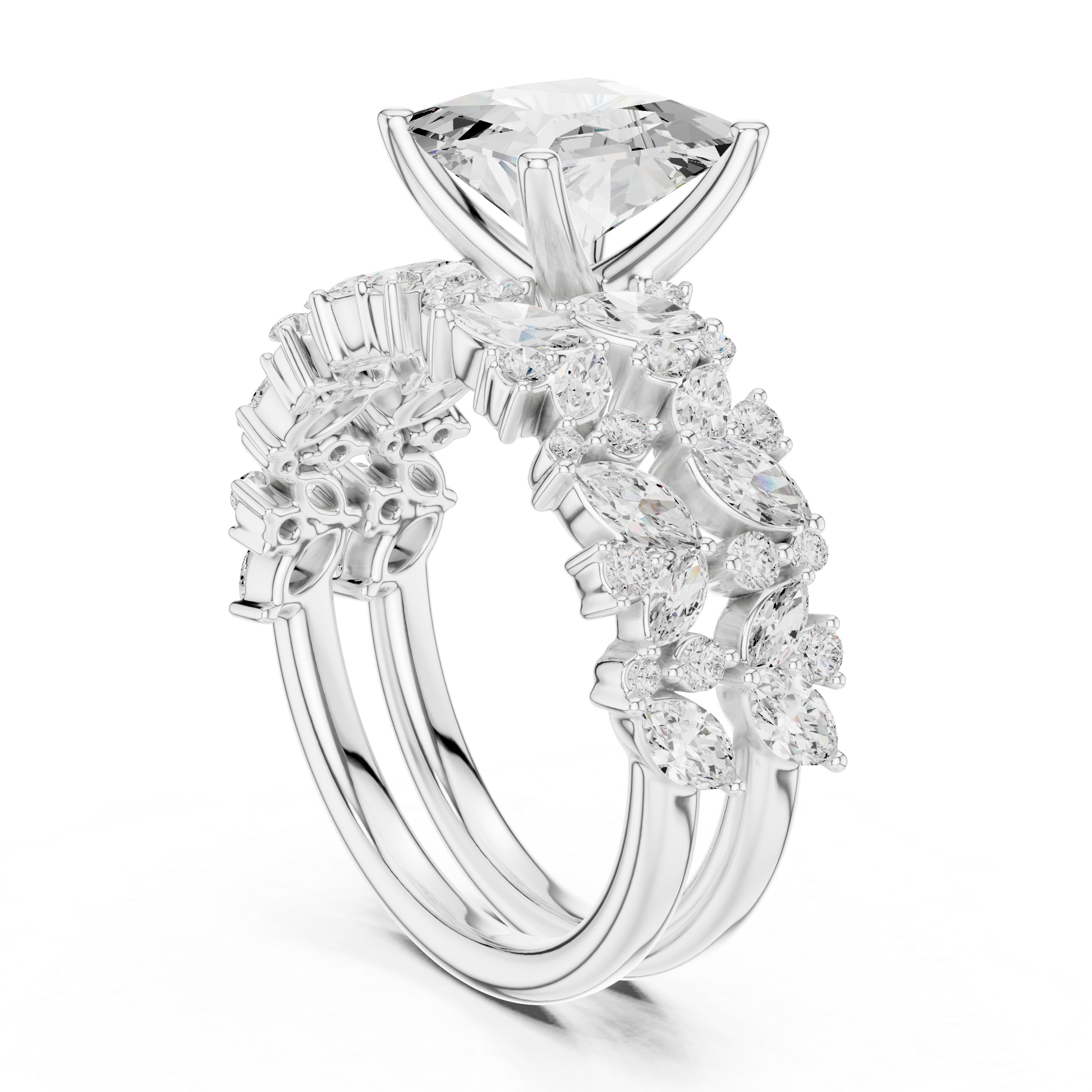 Princess Cut Solitaire Engagement Ring with Floral Diamond Ring Enhancer
