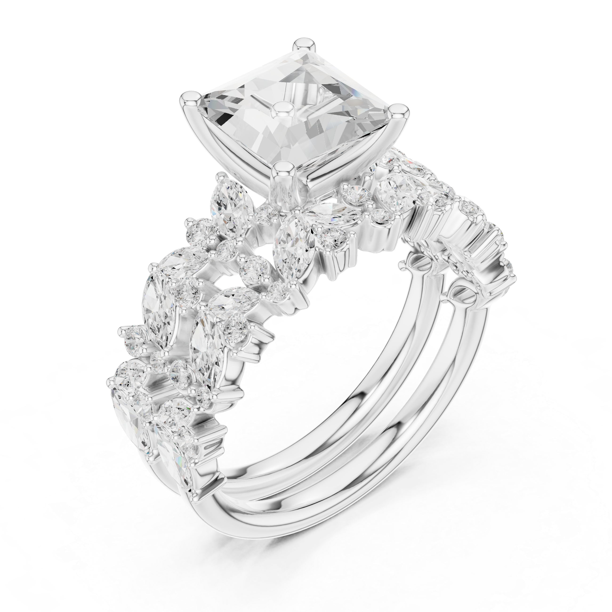 Princess Cut Solitaire Engagement Ring with Floral Diamond Ring Enhancer