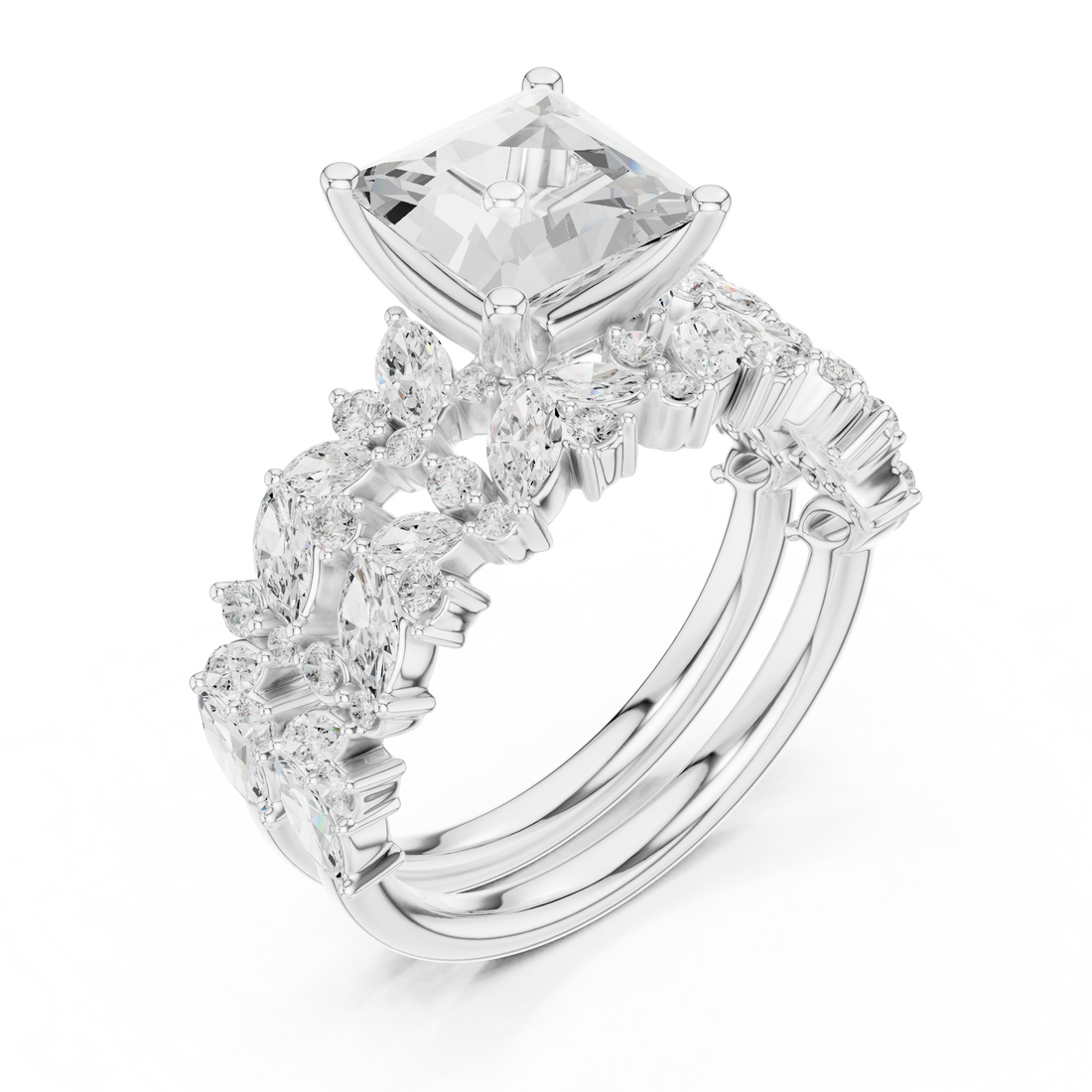 Princess Cut Solitaire Engagement Ring with Floral Diamond Ring Enhancer