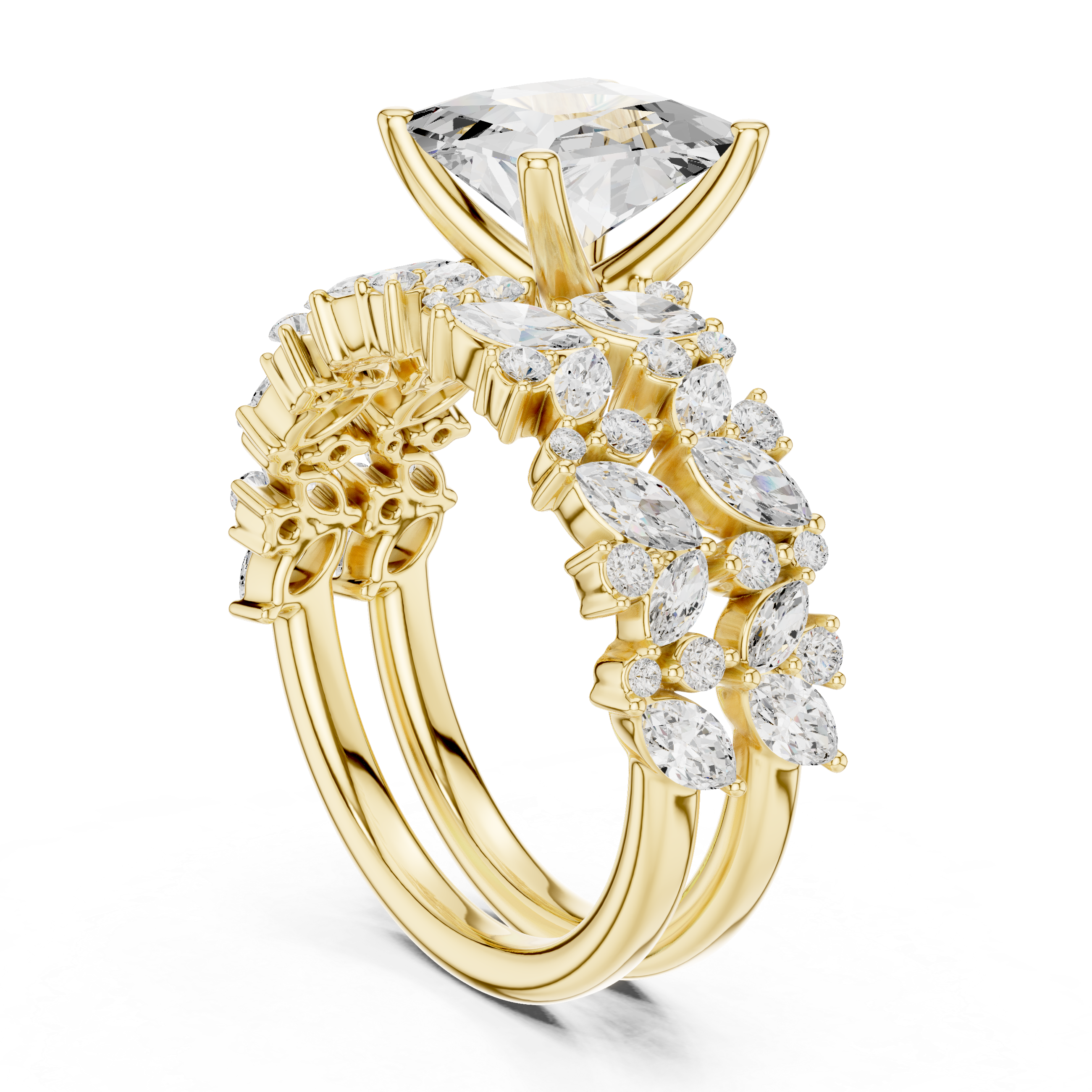 Princess Cut Solitaire Engagement Ring with Floral Diamond Ring Enhancer