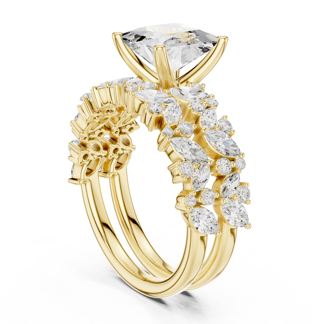 Princess Cut Solitaire Engagement Ring with Floral Diamond Ring Enhancer
