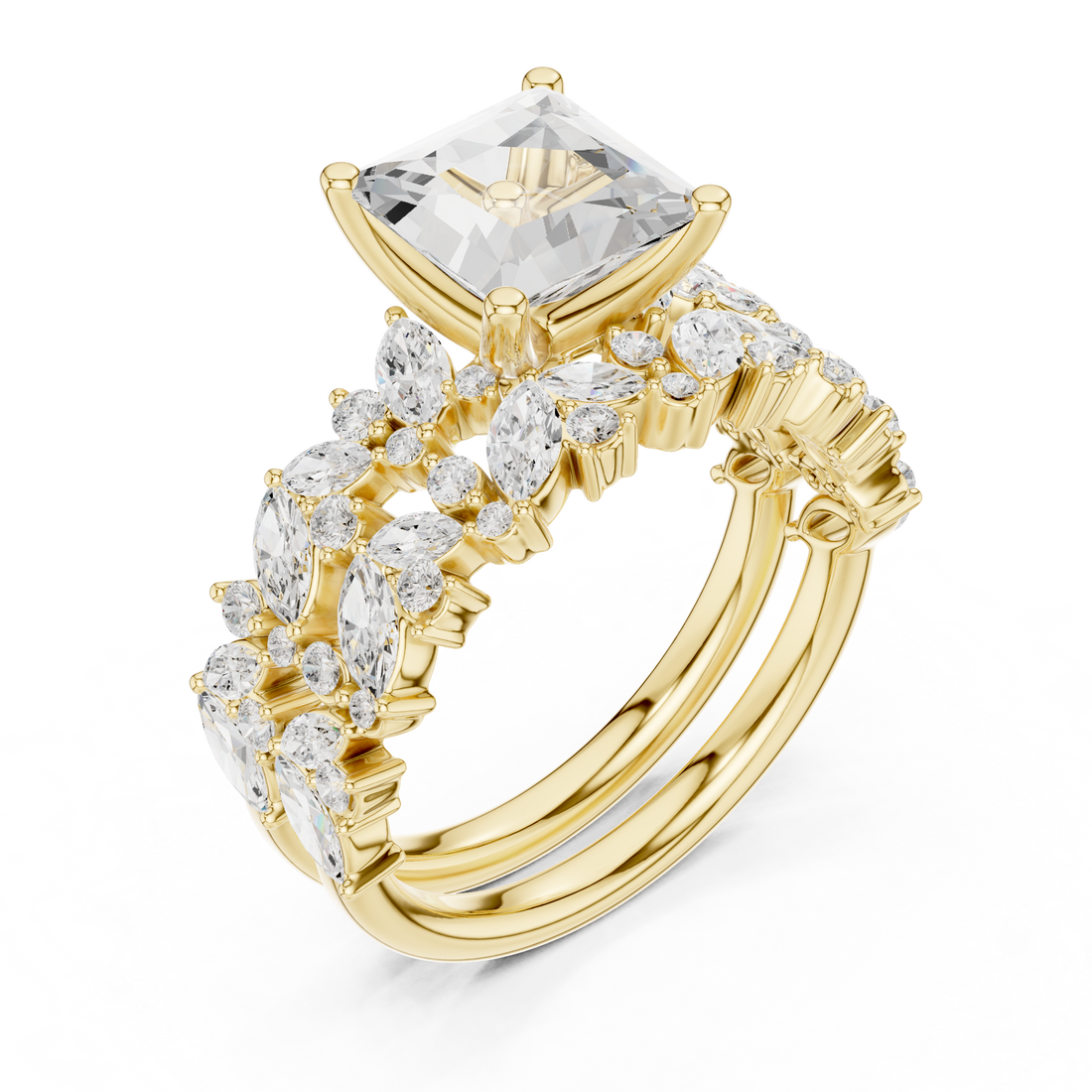 Princess Cut Solitaire Engagement Ring with Floral Diamond Ring Enhancer