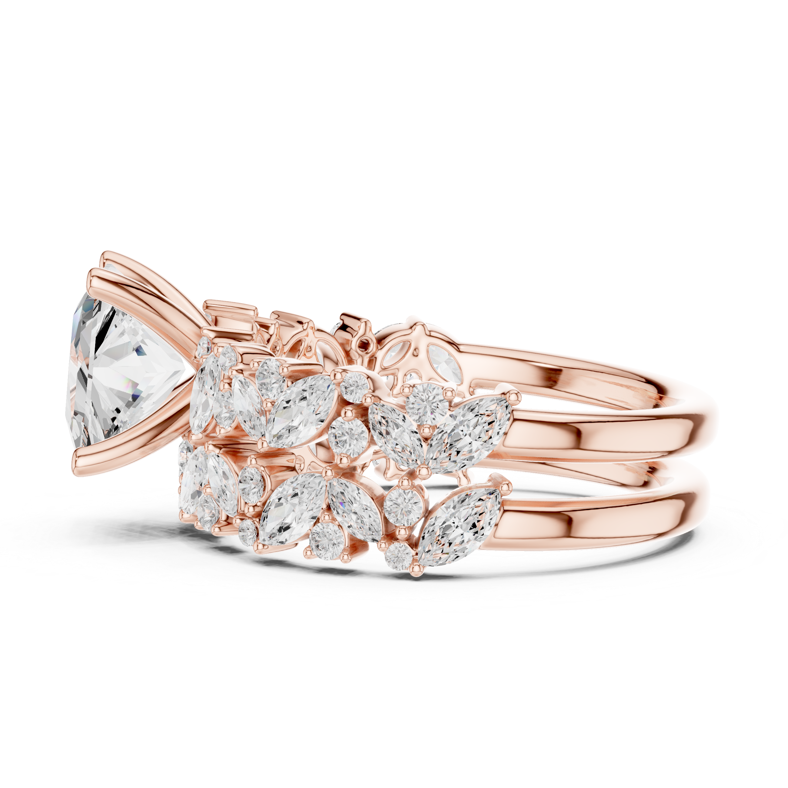 Princess Cut Solitaire Engagement Ring with Floral Diamond Ring Enhancer