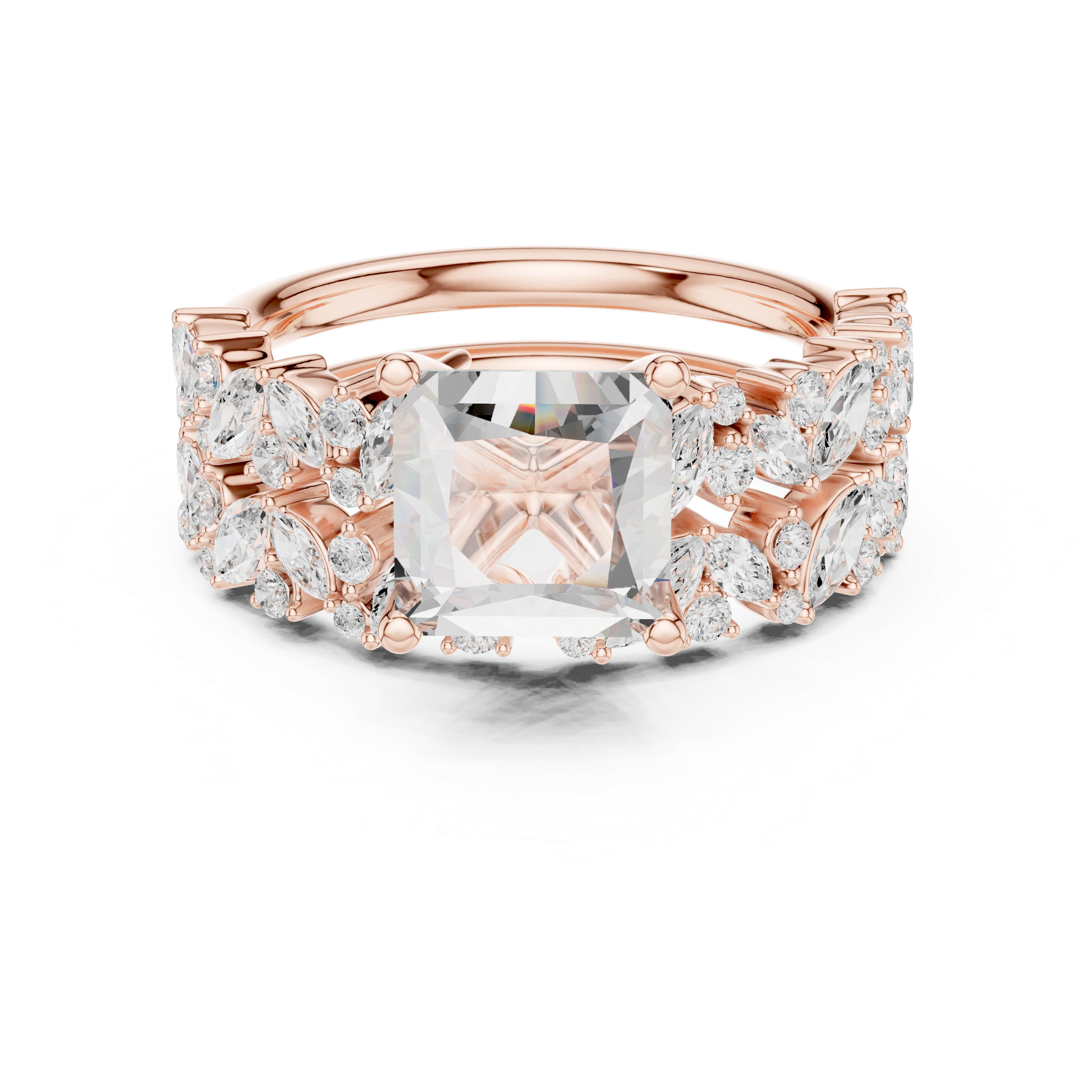 Princess Cut Solitaire Engagement Ring with Floral Diamond Ring Enhancer