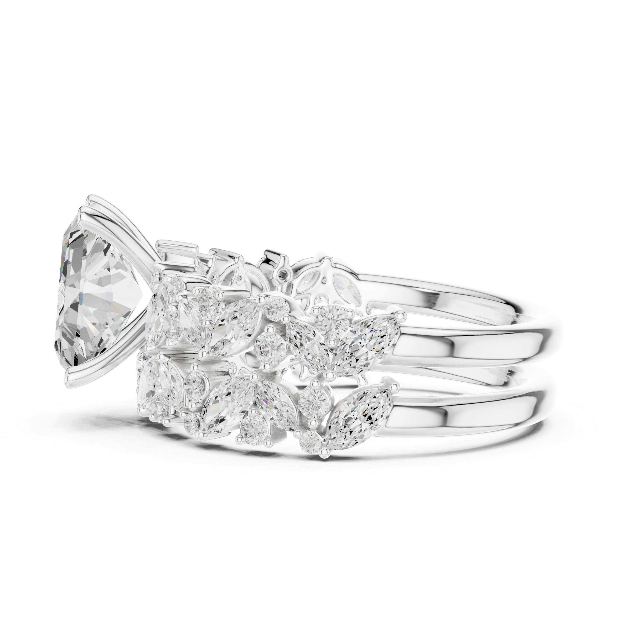 Radiant Cut Solitaire Engagement Ring with Floral Diamond Ring Enhancer