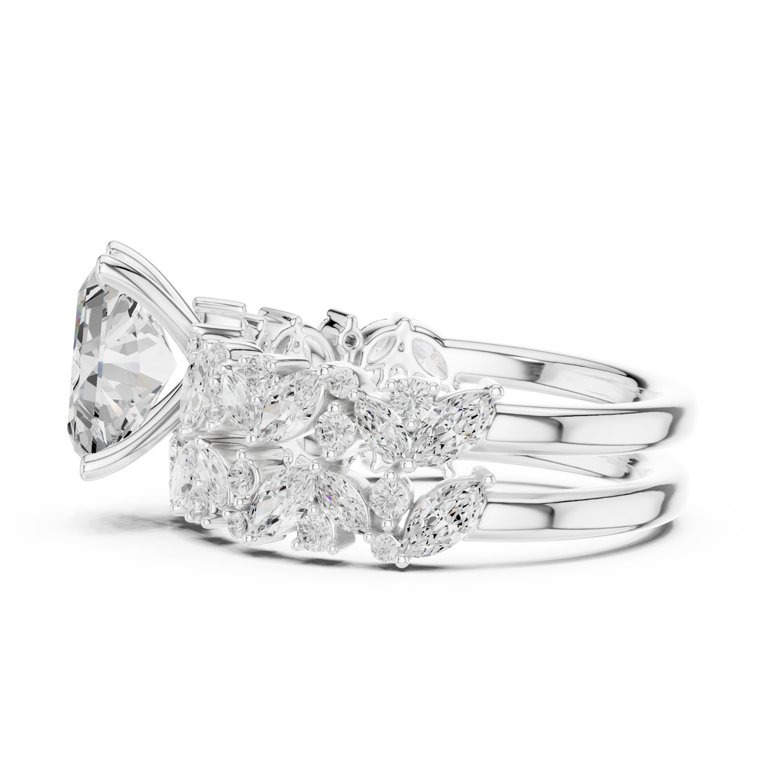 Radiant Cut Solitaire Engagement Ring with Floral Diamond Ring Enhancer