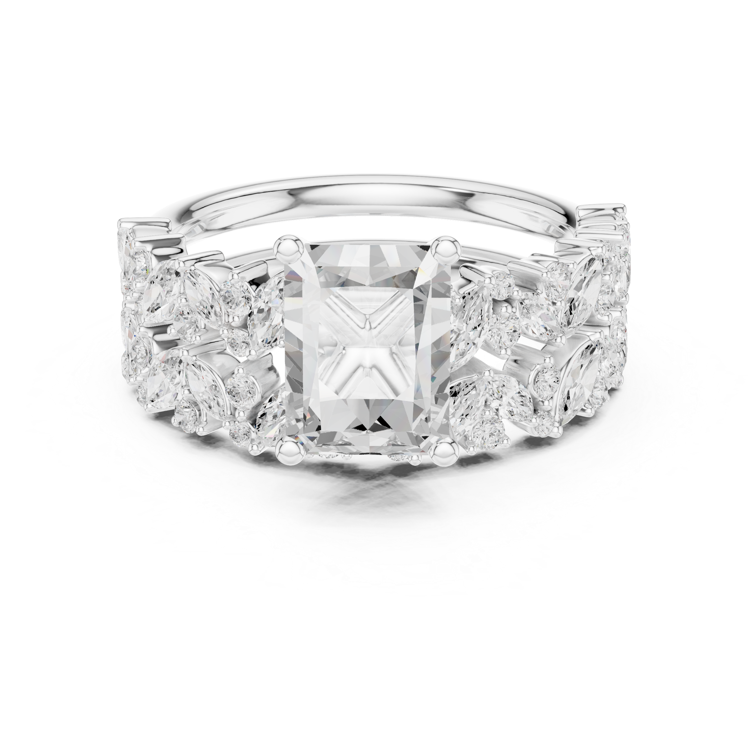 Radiant Cut Solitaire Engagement Ring with Floral Diamond Ring Enhancer