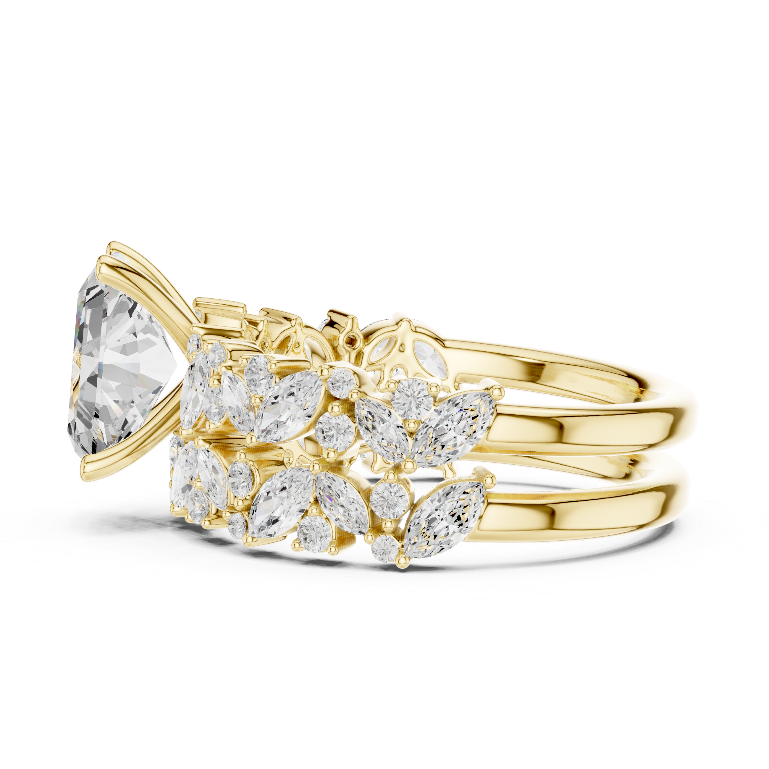 Radiant Cut Solitaire Engagement Ring with Floral Diamond Ring Enhancer