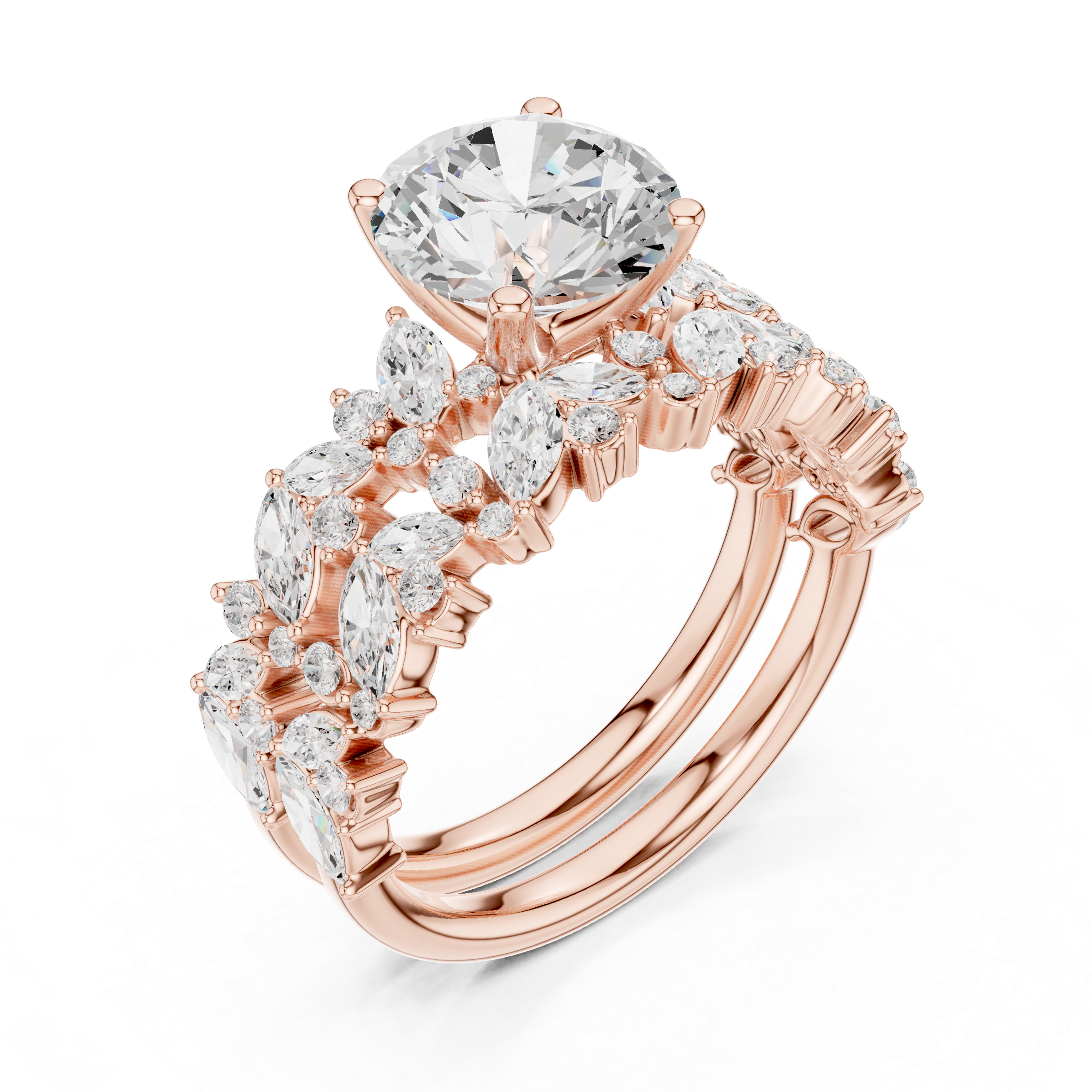 Round Cut Solitaire Engagement Ring with Floral Diamond Ring Enhancer