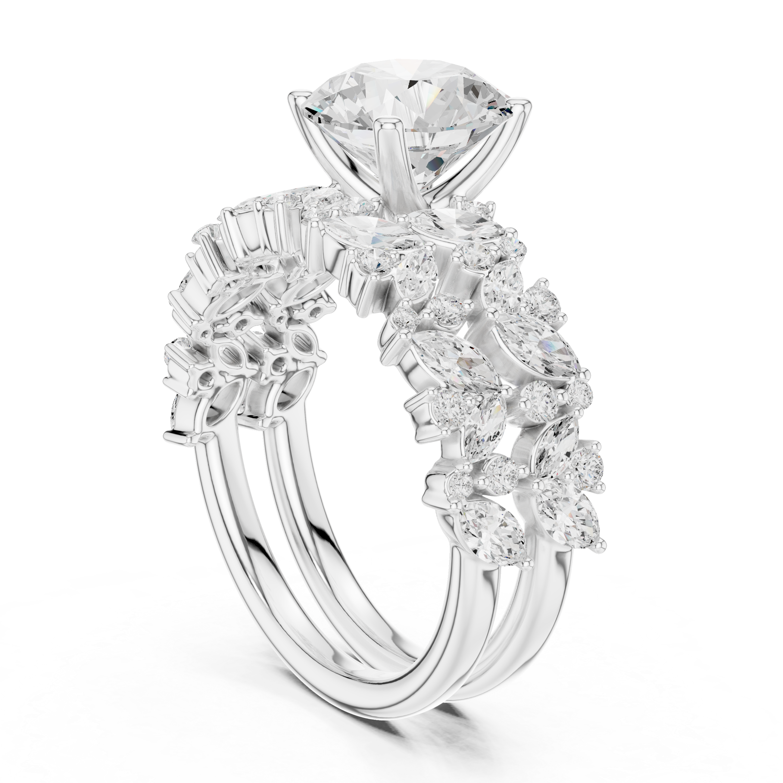 Round Cut Solitaire Engagement Ring with Floral Diamond Ring Enhancer