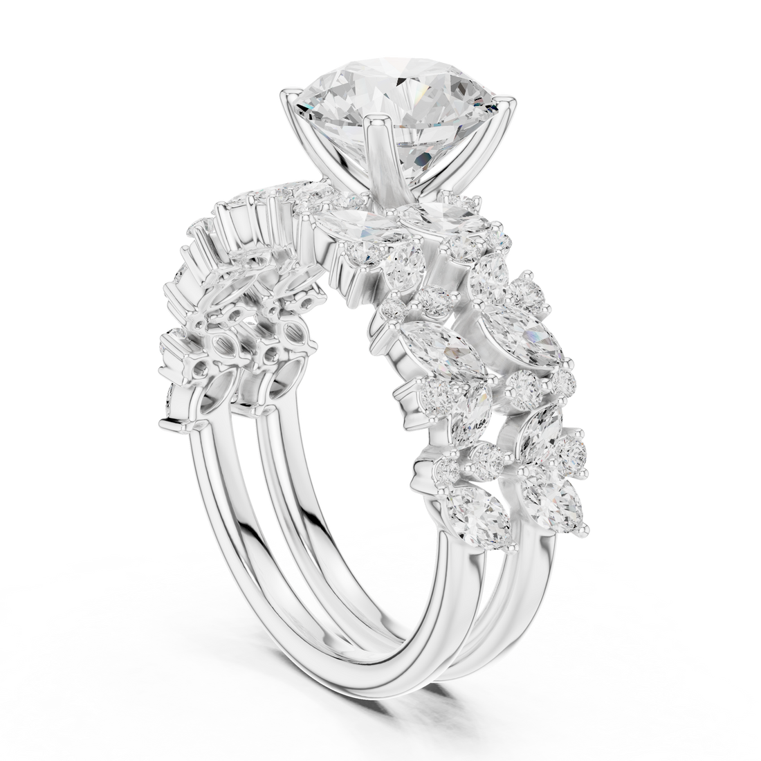 Round Cut Solitaire Engagement Ring with Floral Diamond Ring Enhancer