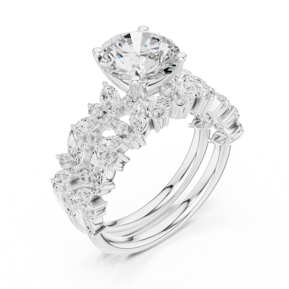 Round Cut Solitaire Engagement Ring with Floral Diamond Ring Enhancer