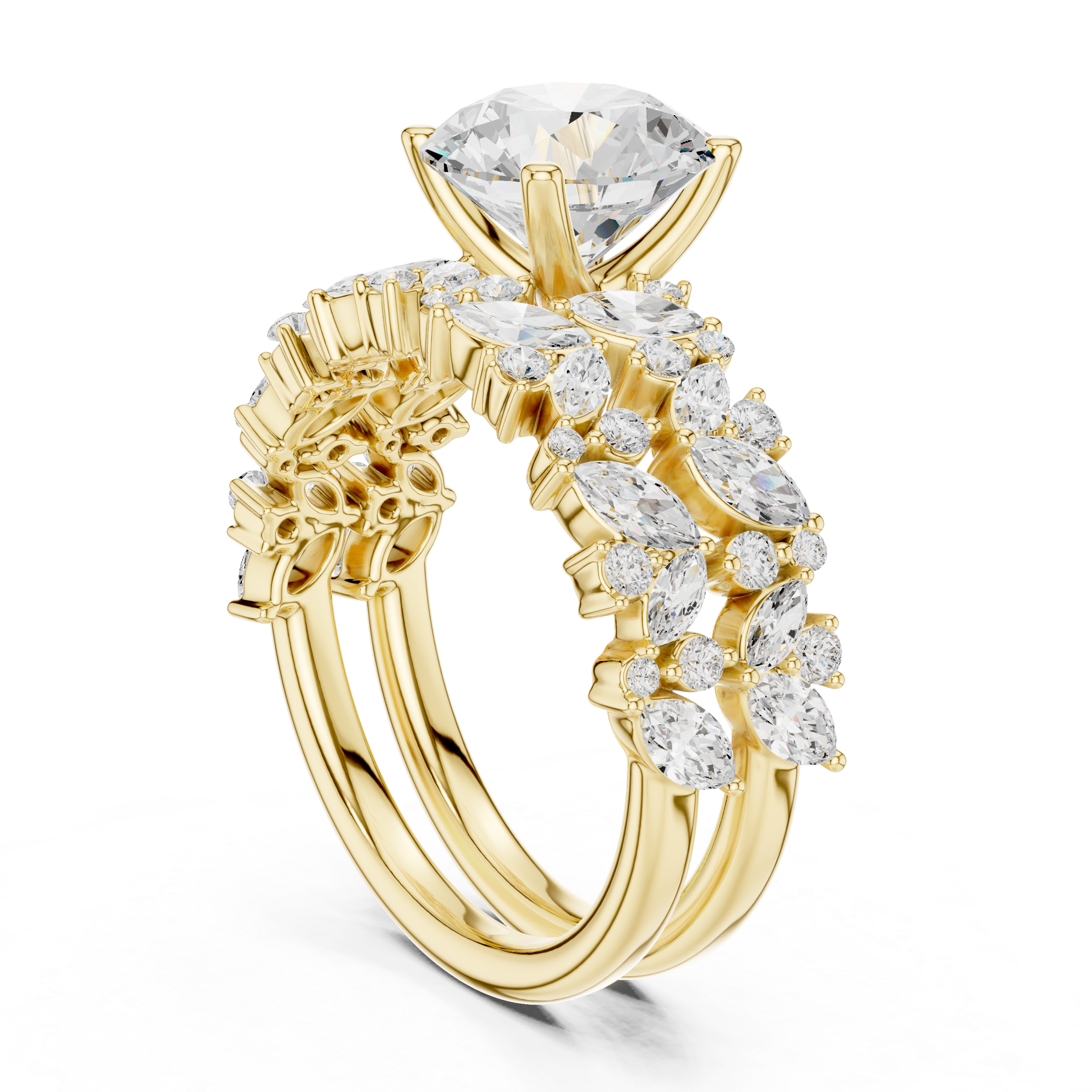 Round Cut Solitaire Engagement Ring with Floral Diamond Ring Enhancer