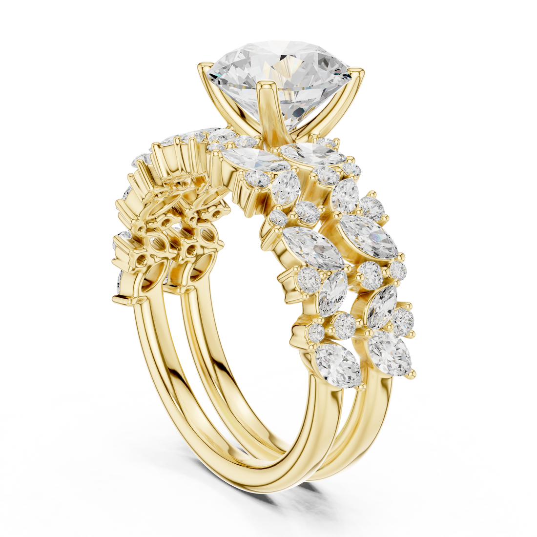 Round Cut Solitaire Engagement Ring with Floral Diamond Ring Enhancer