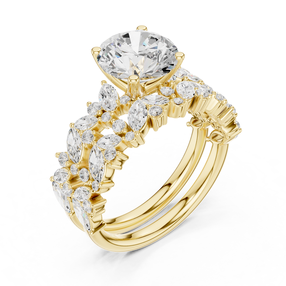 Round Cut Solitaire Engagement Ring with Floral Diamond Ring Enhancer