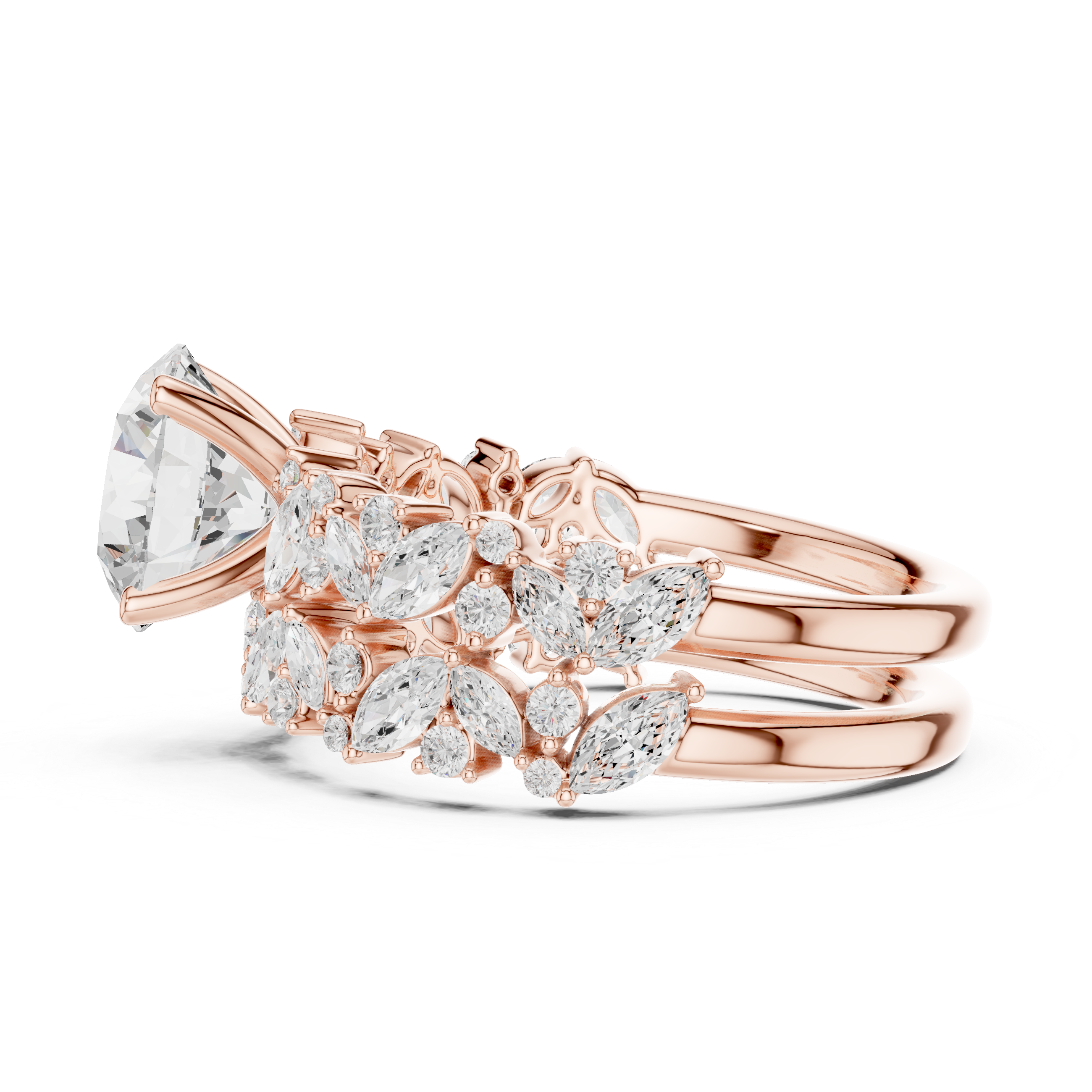 Round Cut Solitaire Engagement Ring with Floral Diamond Ring Enhancer