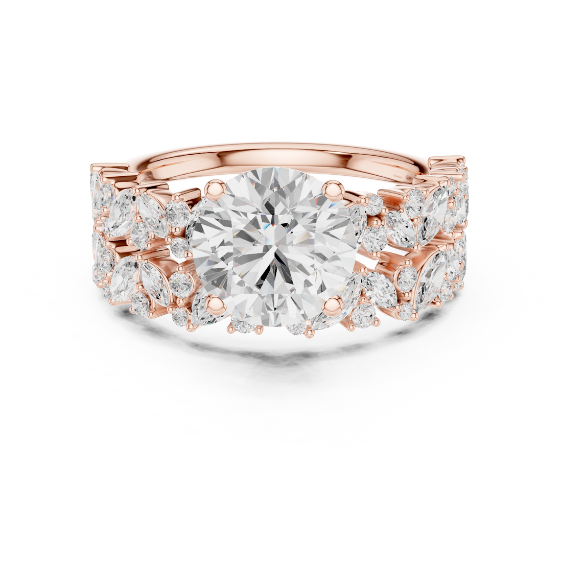 Round Cut Solitaire Engagement Ring with Floral Diamond Ring Enhancer