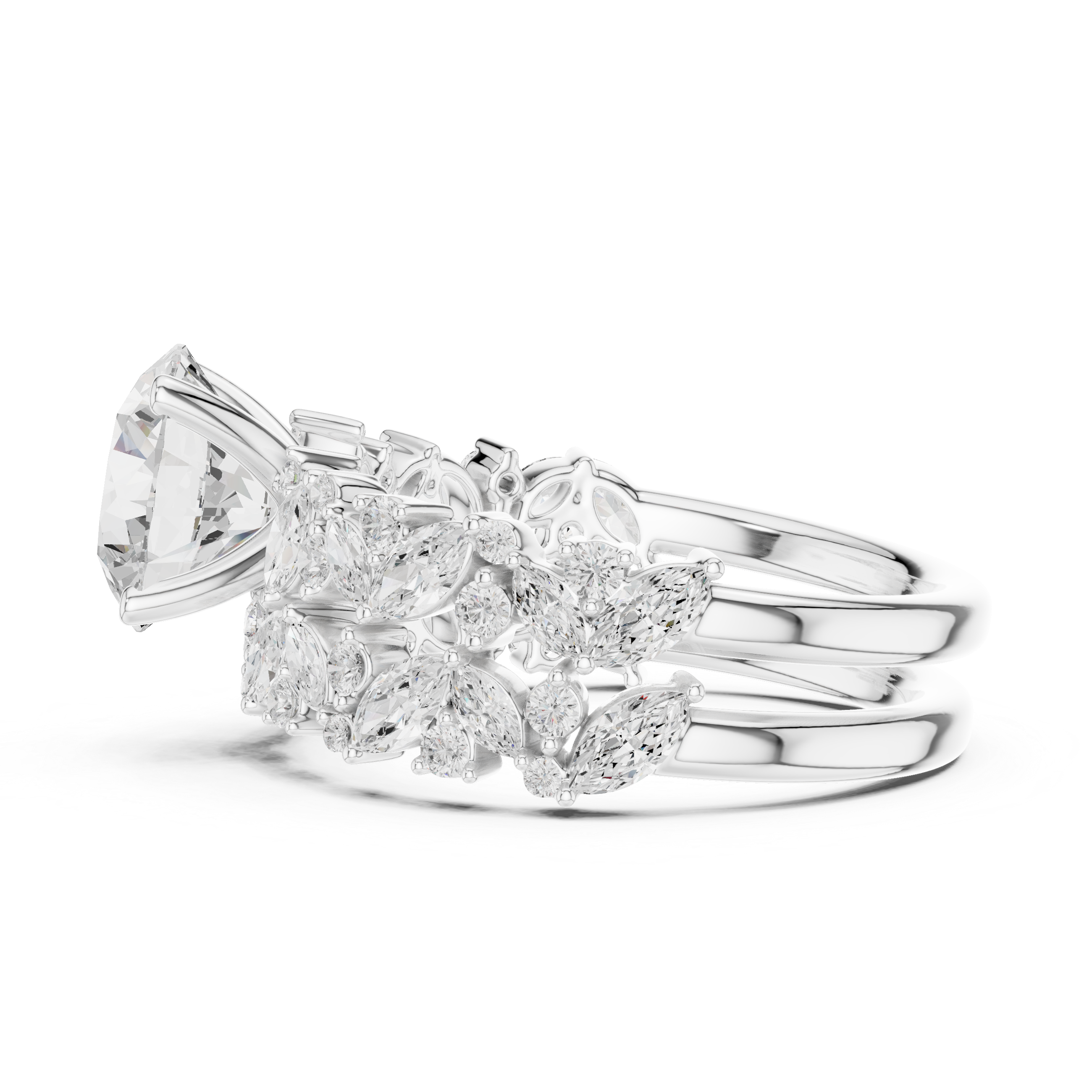 Round Cut Solitaire Engagement Ring with Floral Diamond Ring Enhancer