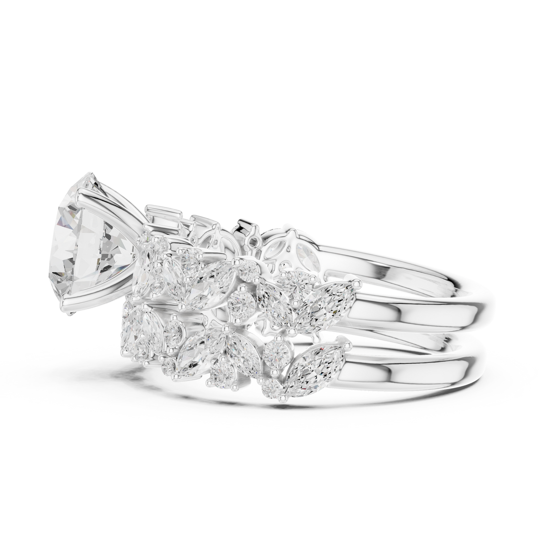 Round Cut Solitaire Engagement Ring with Floral Diamond Ring Enhancer