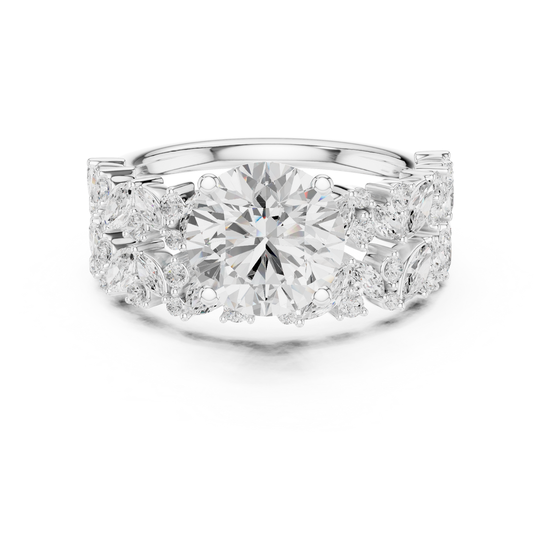 Round Cut Solitaire Engagement Ring with Floral Diamond Ring Enhancer