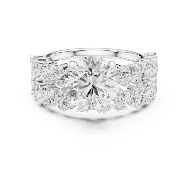 Round Cut Solitaire Engagement Ring with Floral Diamond Ring Enhancer