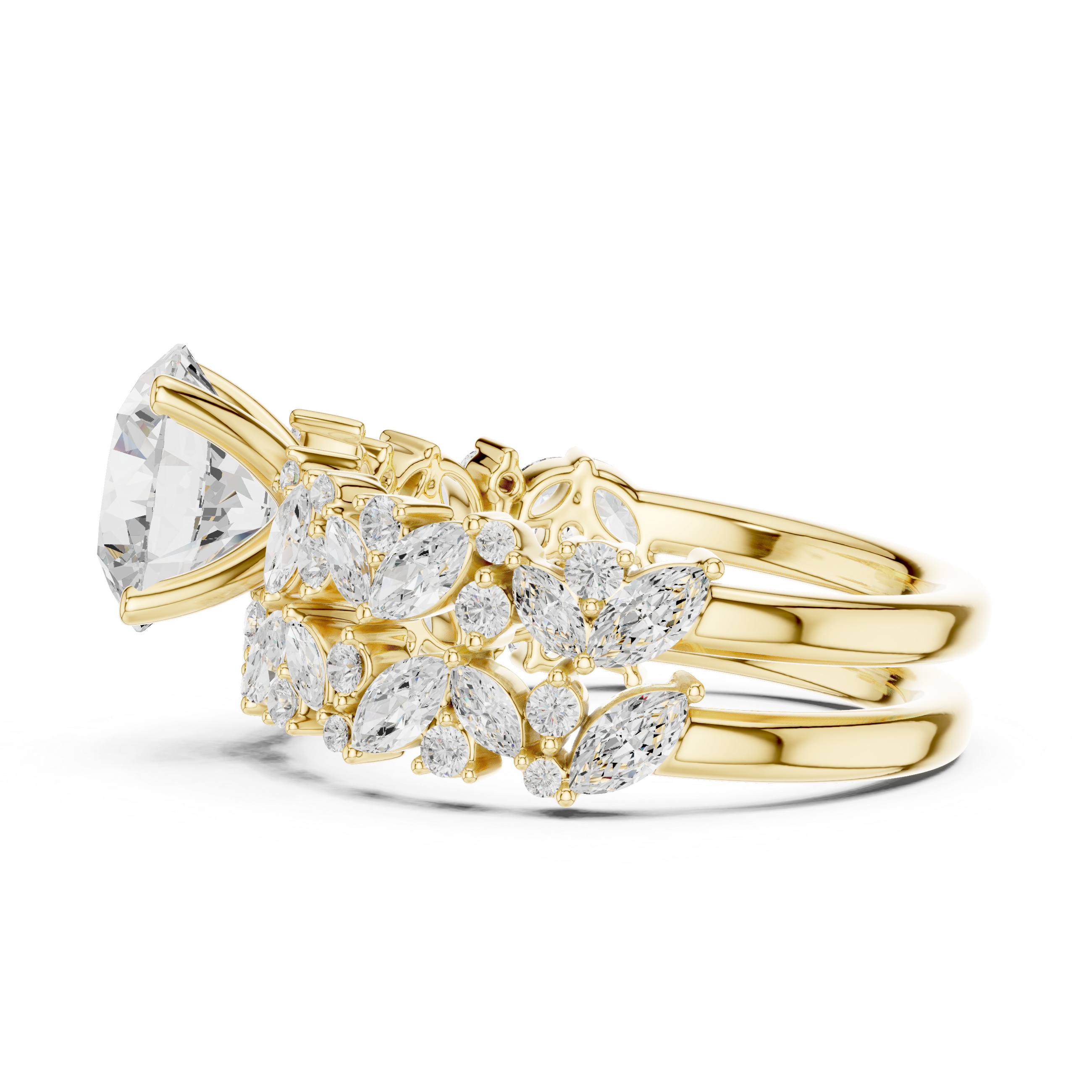 Round Cut Solitaire Engagement Ring with Floral Diamond Ring Enhancer