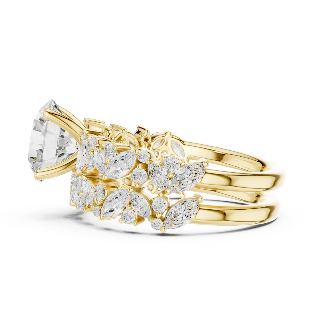 Round Cut Solitaire Engagement Ring with Floral Diamond Ring Enhancer