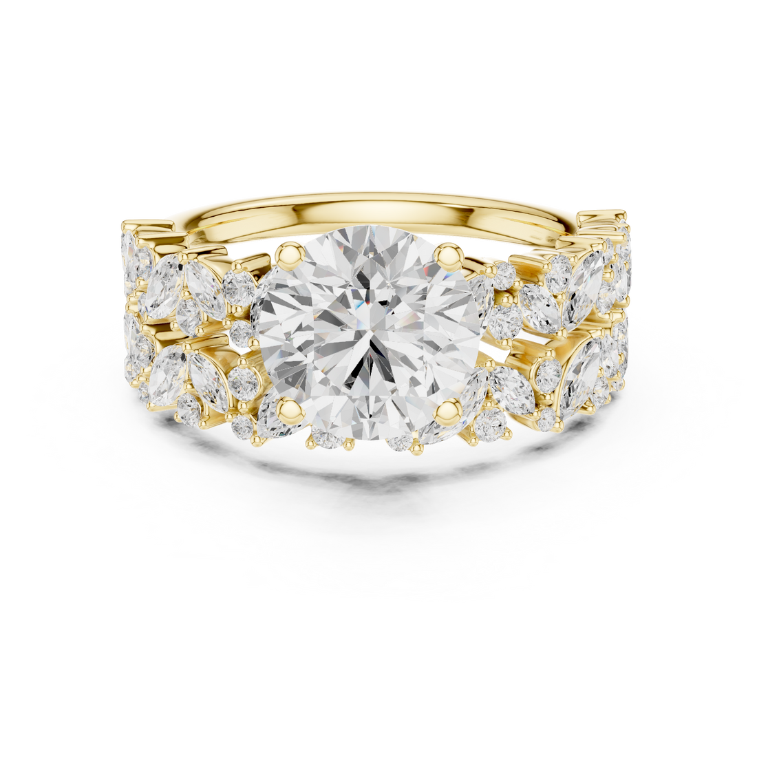 Round Cut Solitaire Engagement Ring with Floral Diamond Ring Enhancer