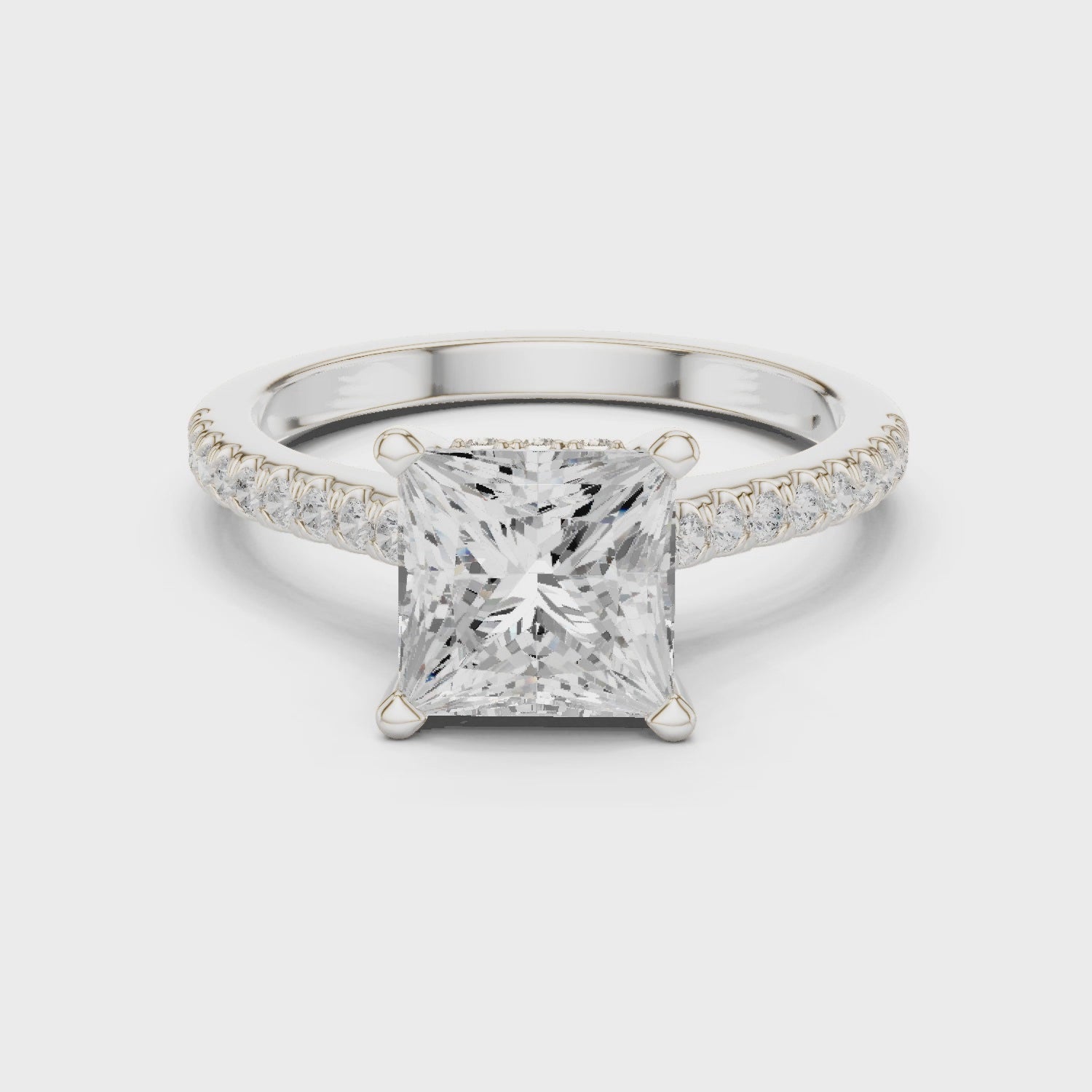 Princess Cut Solitaire Engagement Ring with Pavé Diamond Band and Hidden Halo