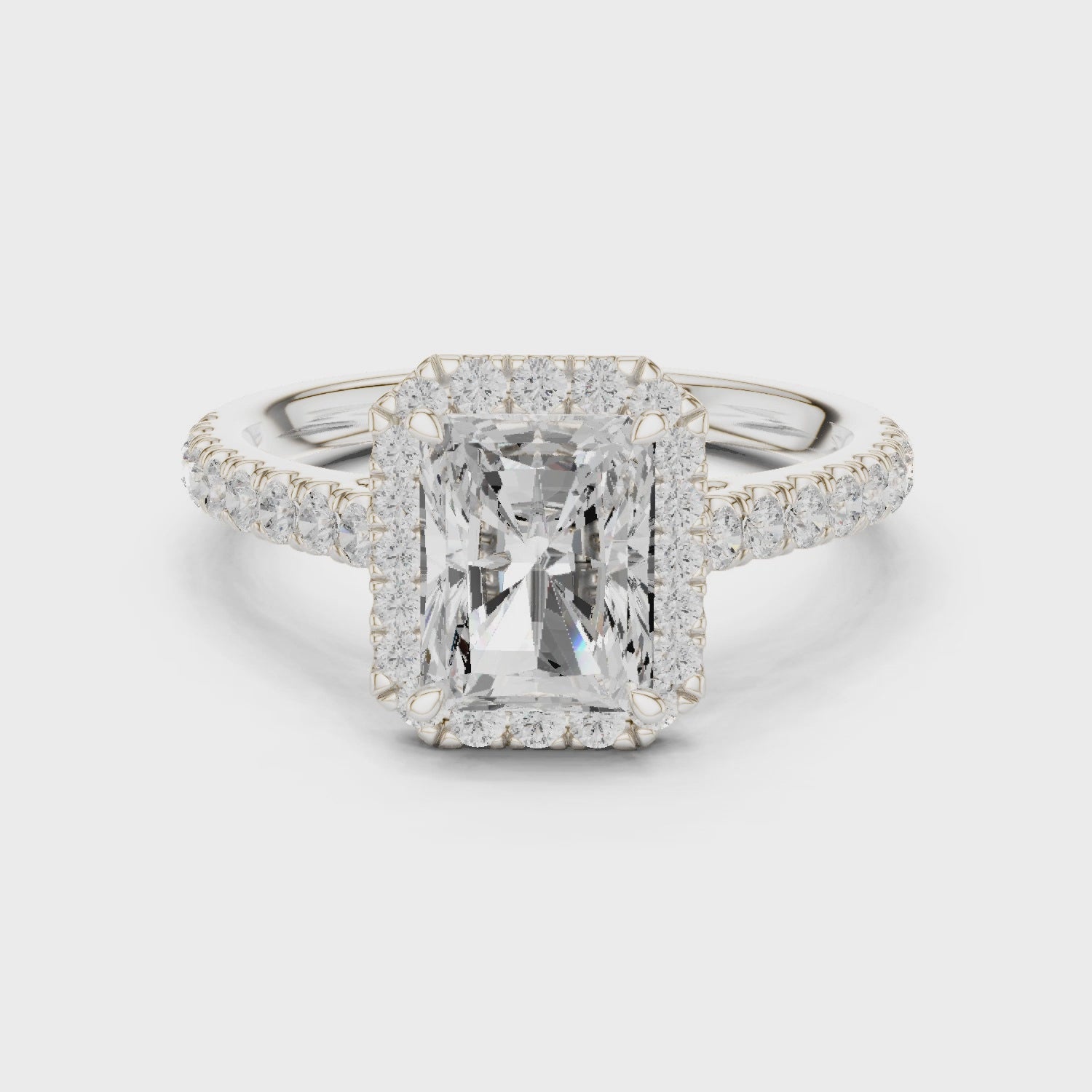 Radiant Cut Halo Engagement Ring with Pavé Diamond Band