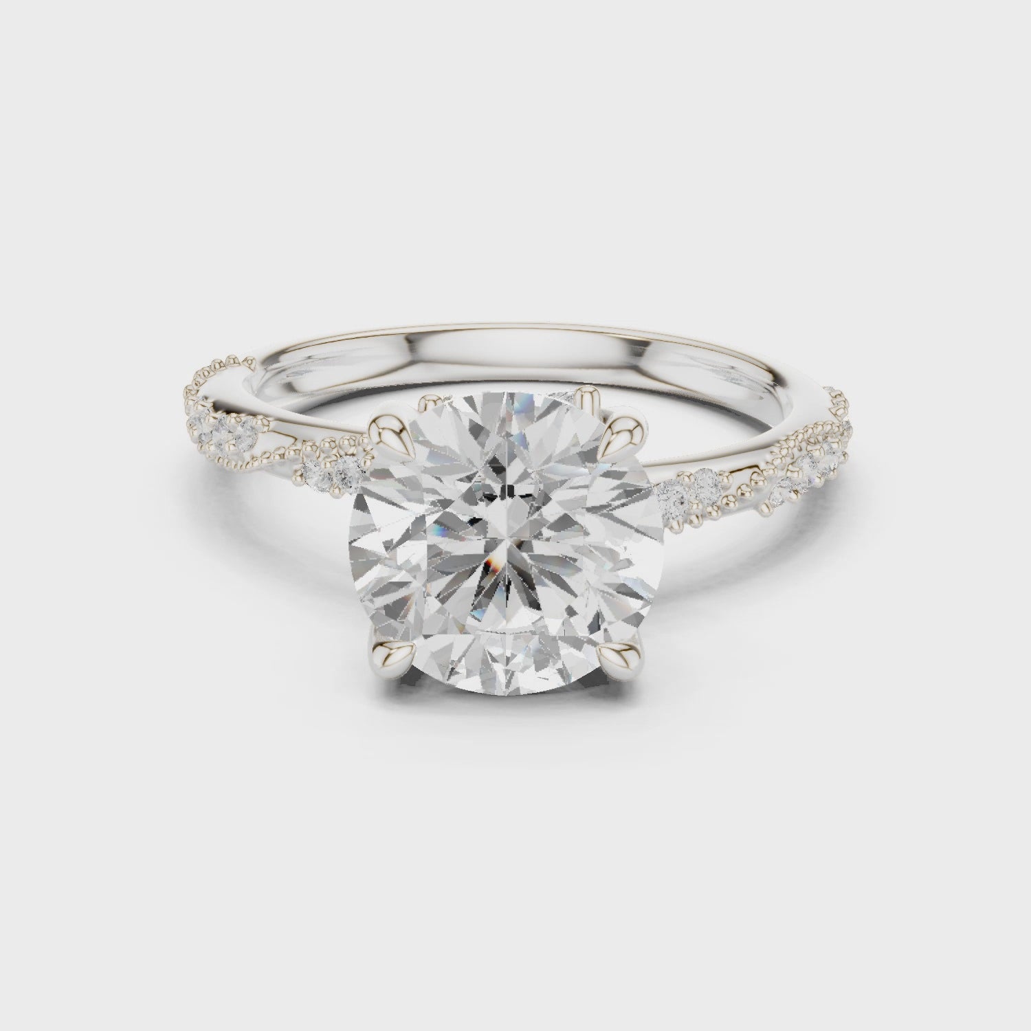 Round Cut Solitaire Engagement Ring with Side Pavé Diamond Band and Hidden Halo