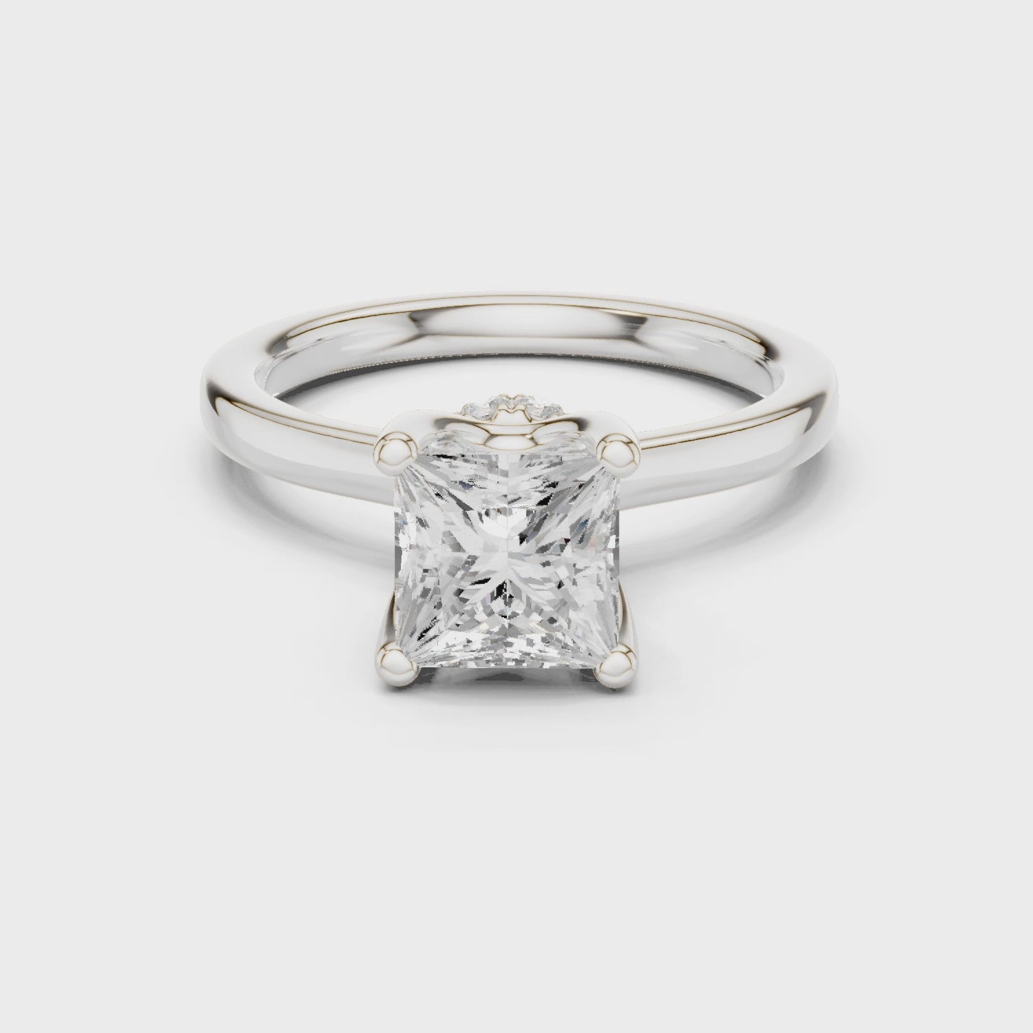 Princess Cut Solitaire Engagement Ring with Hidden Halo and Cathedral Shank