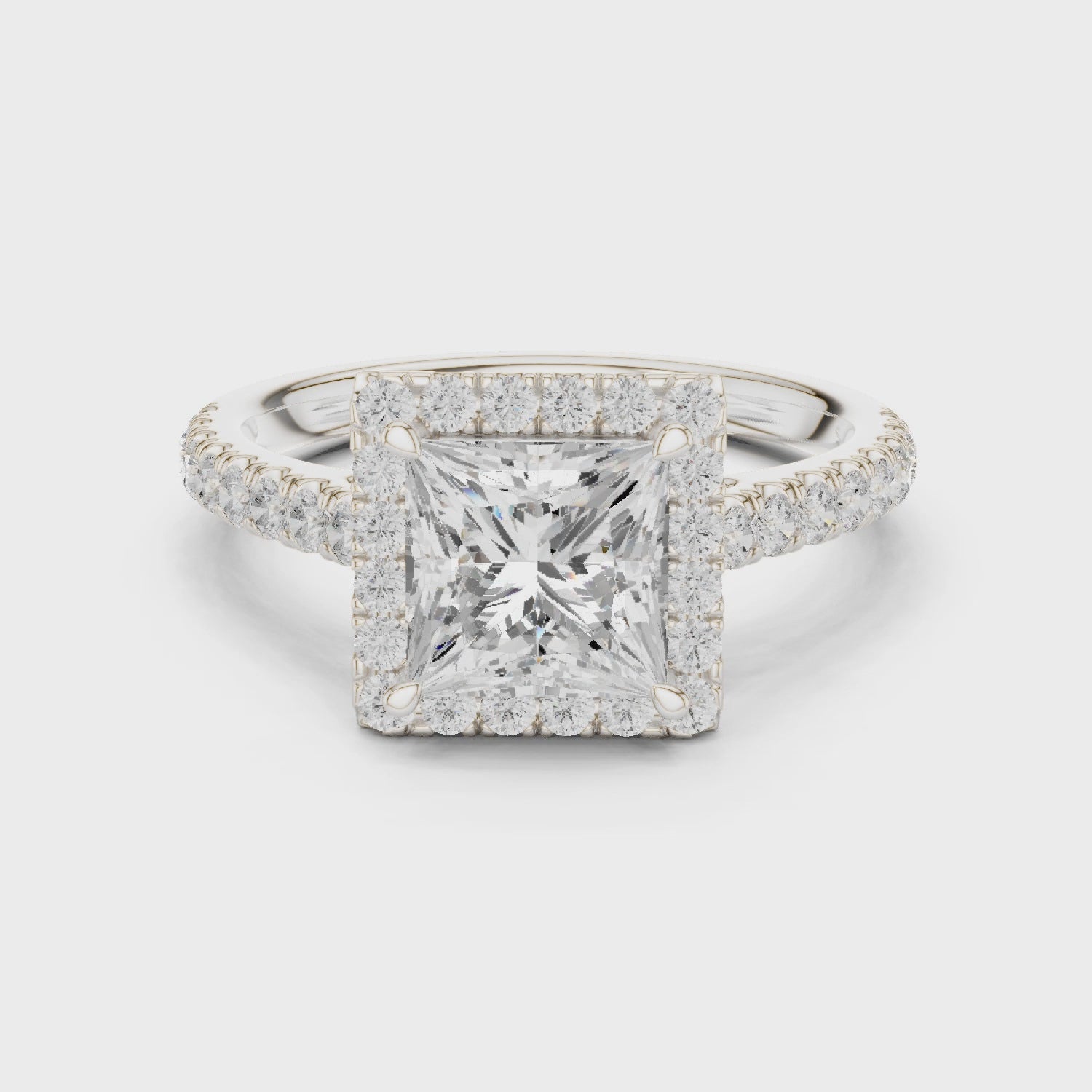 Princess Cut Halo Engagement Ring with Pavé Diamond Band
